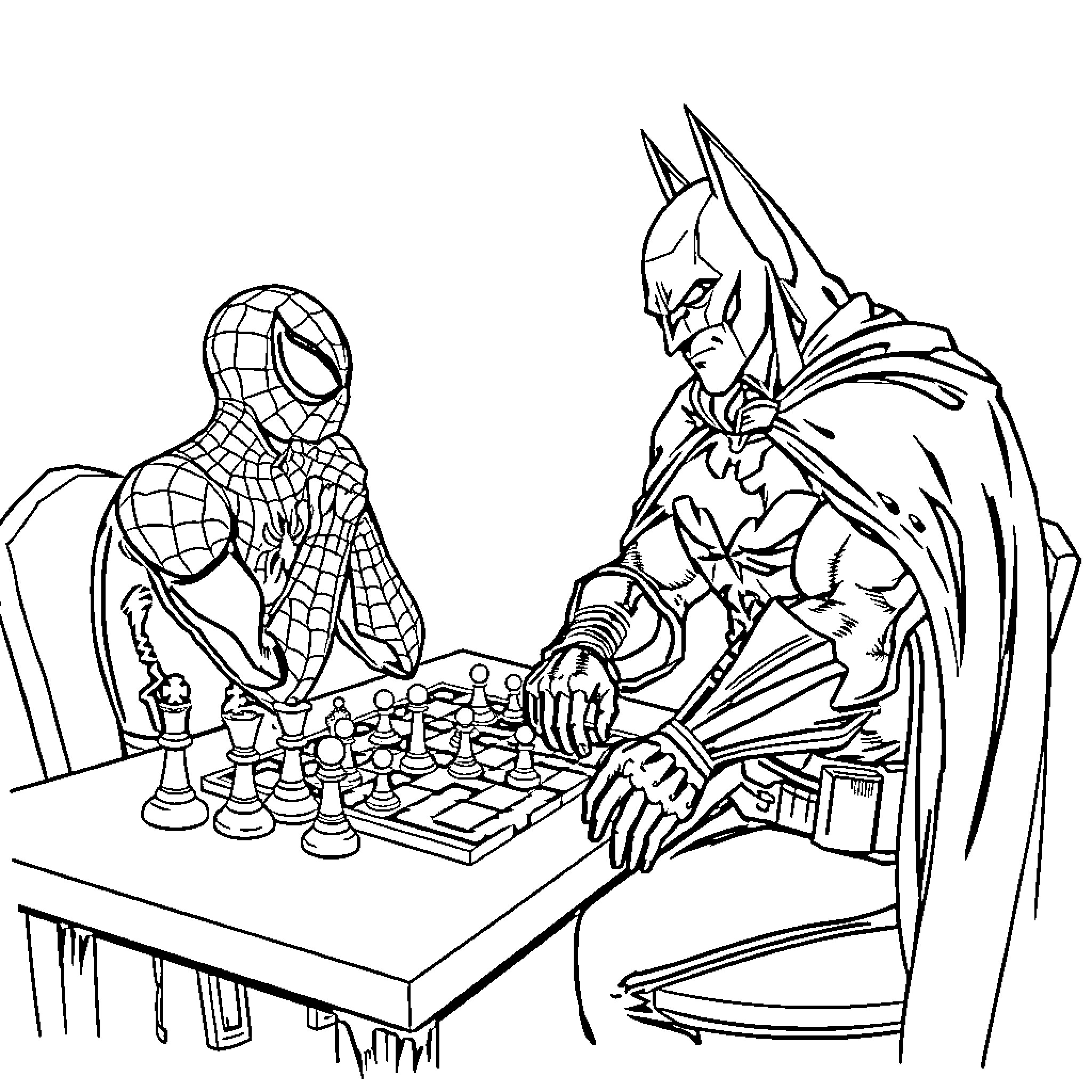 Spider-Man and Batman playing a game of chess Coloring Page (free black-and-white line drawing printable PDF for all, from beginners to advanced learners, including children, teens, adults, and seniors)