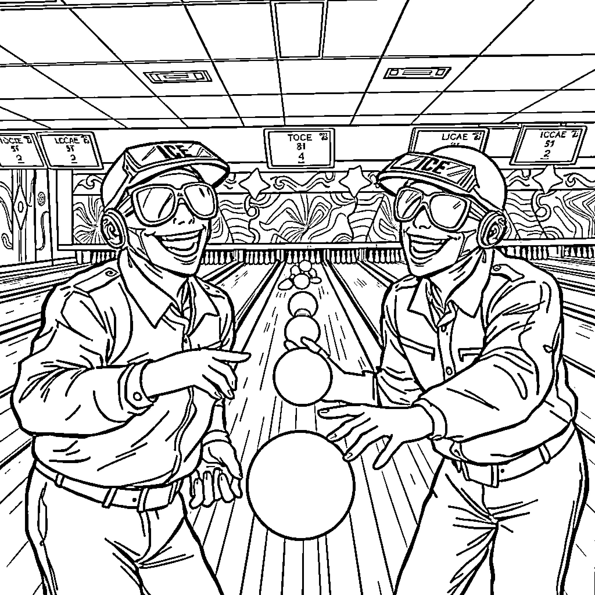 Ice Agent Undercover Mission in Bowling Alley Coloring Page (free black-and-white line drawing printable PDF for all, from beginners to advanced learners, including children, teens, adults, and seniors)
