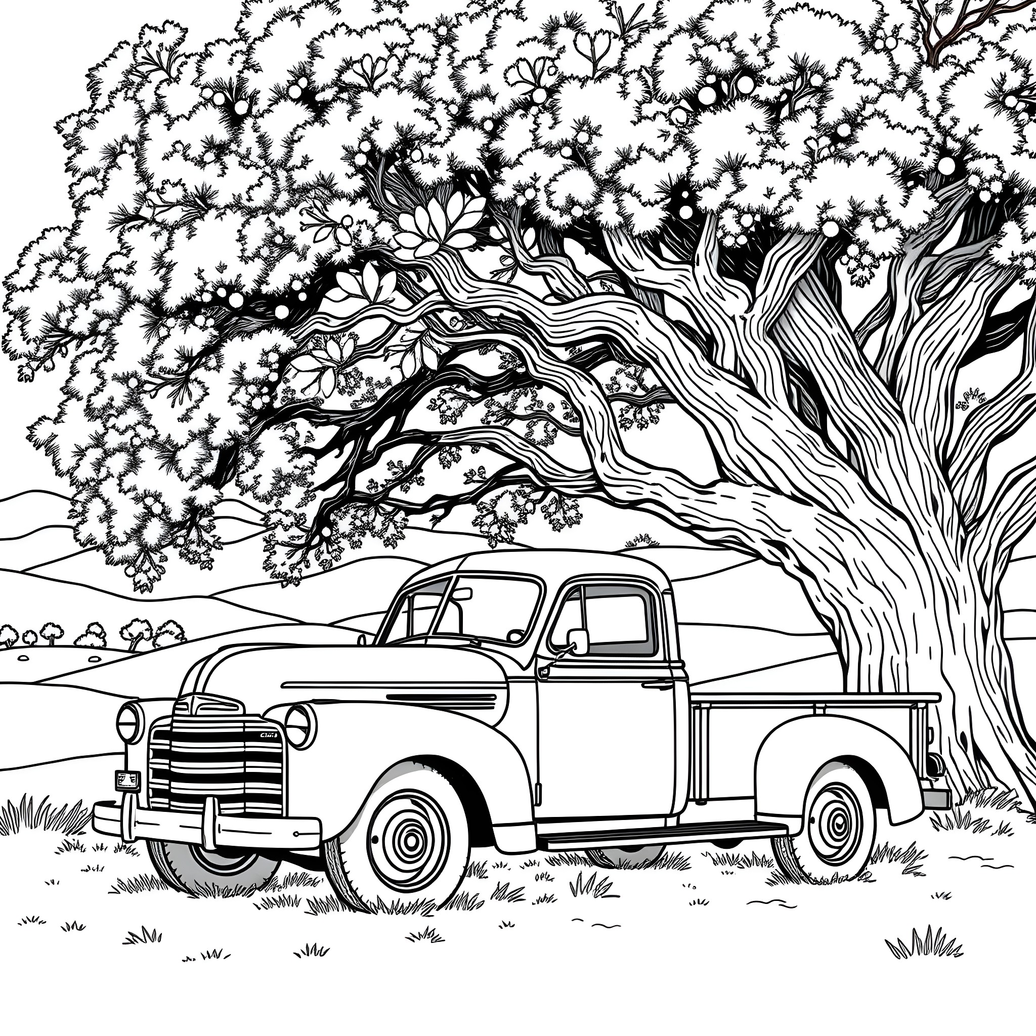 Truck parked under a blooming tree in a scenic landscape Coloring Page (free black-and-white line drawing printable PDF for all, from beginners to advanced learners, including children, teens, adults, and seniors)