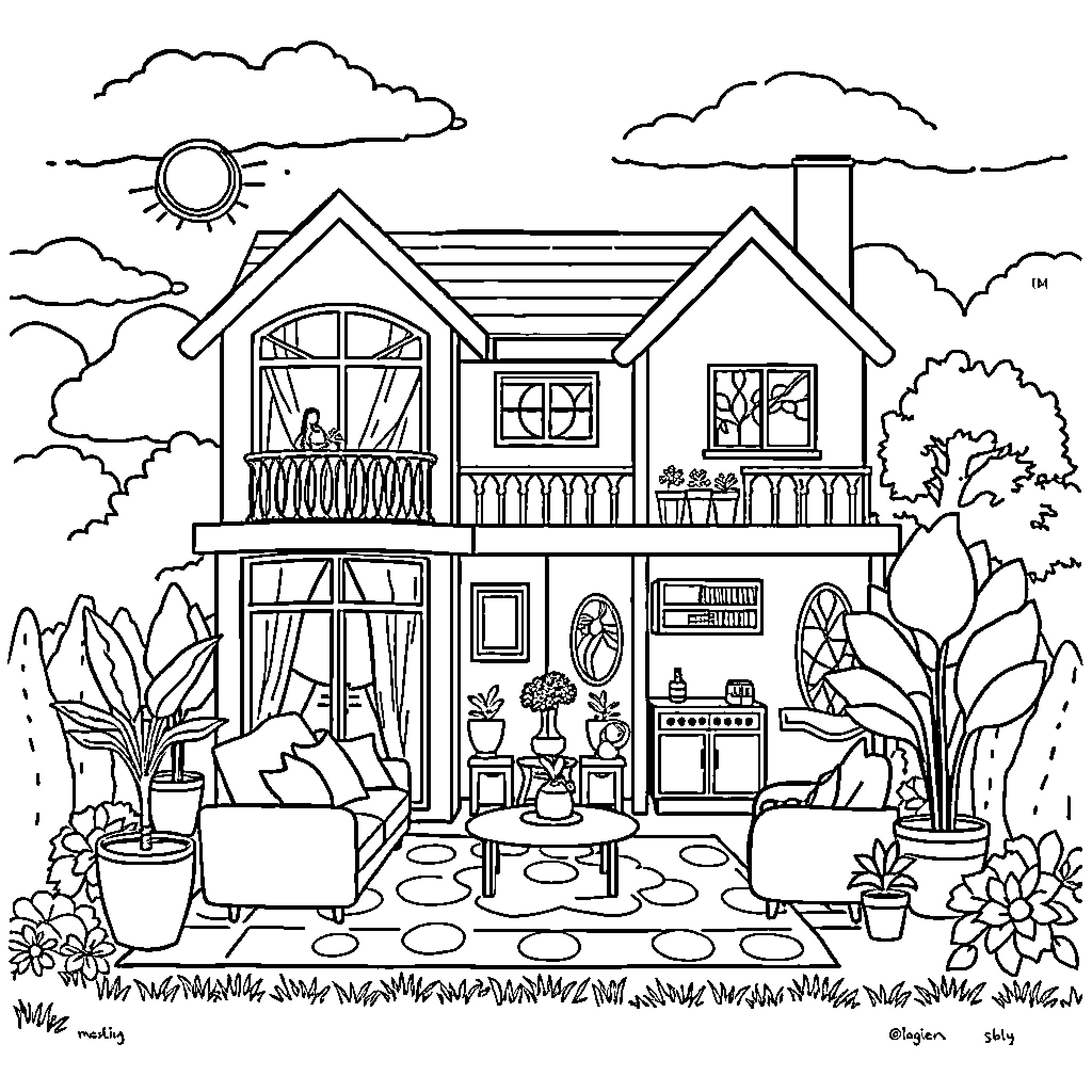 Barbie's Dream Home with Outdoor Landscaping Coloring Page (free black-and-white line drawing printable PDF for all, from beginners to advanced learners, including children, teens, adults, and seniors)