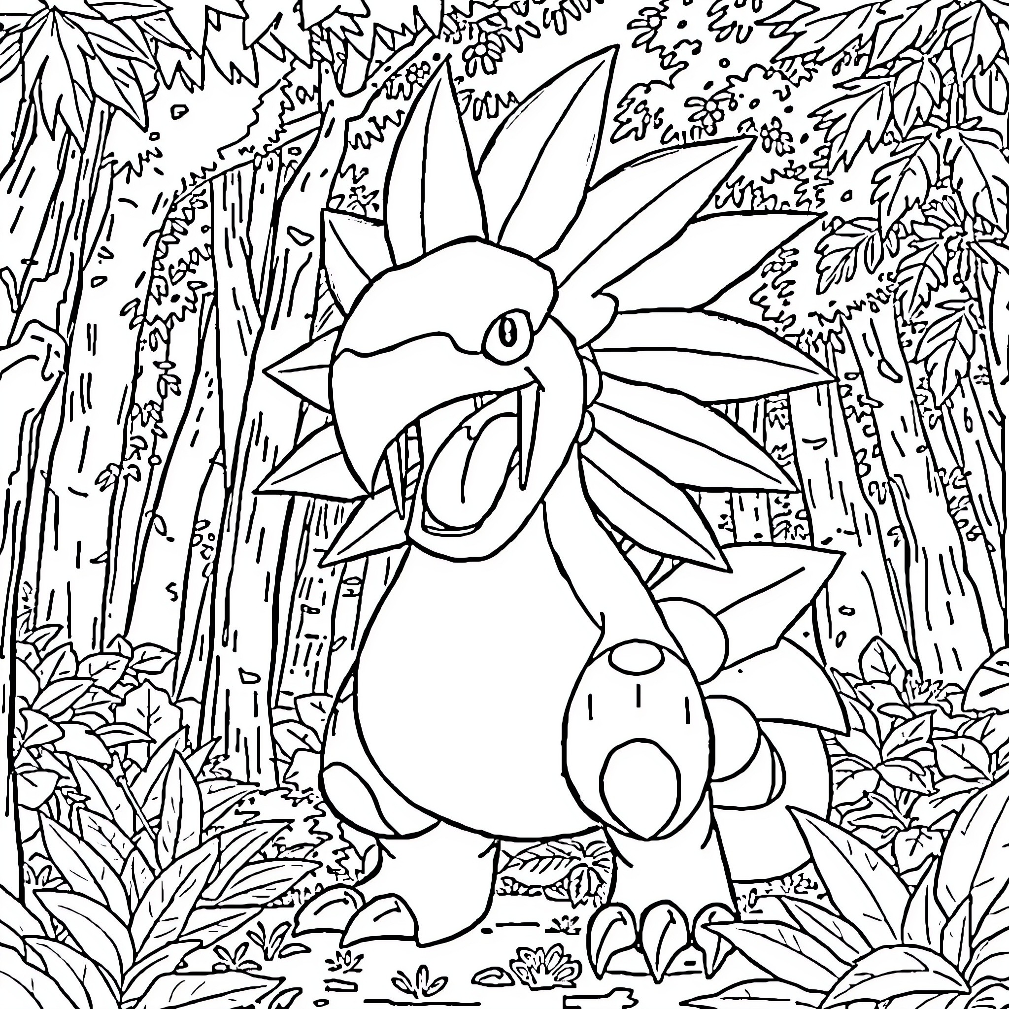 Victreebel in the Lush Jungle Coloring Page (free black-and-white line drawing printable PDF for all, from beginners to advanced learners, including children, teens, adults, and seniors)