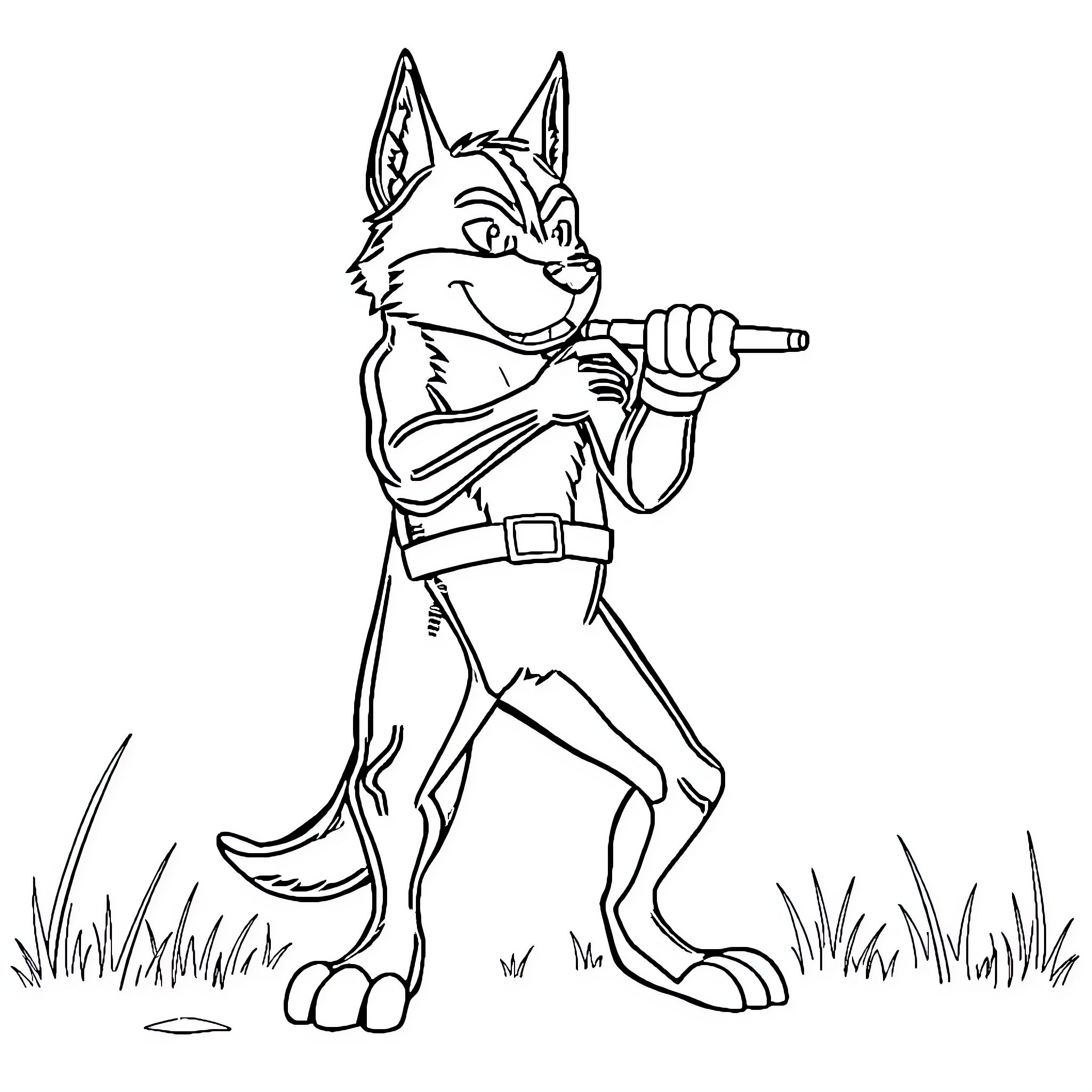 Dexter the detective wolf with magnifying glass Coloring Page (free black-and-white line drawing printable PDF for all, from beginners to advanced learners, including children, teens, adults, and seniors)