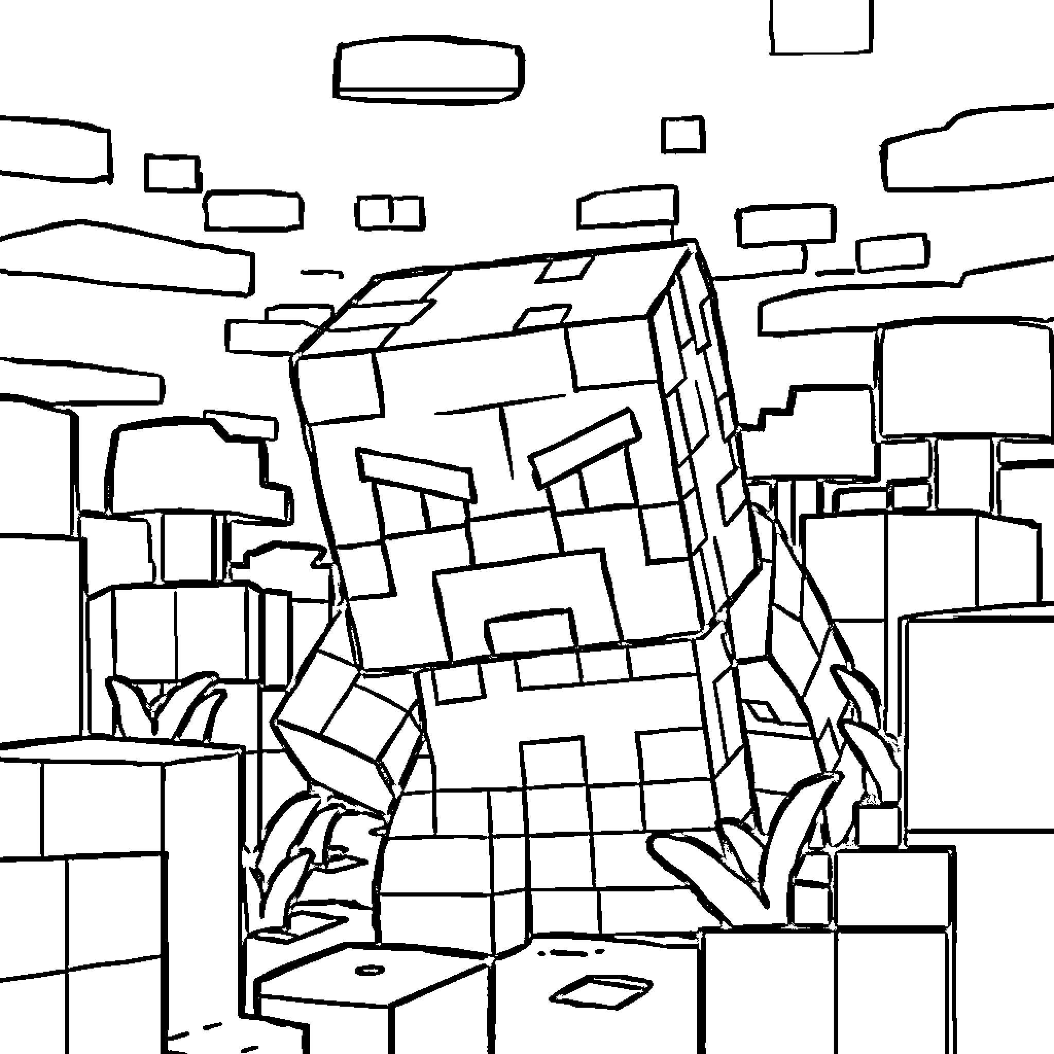 Creeper emerging from chaotic geometric structures Coloring Page (free black-and-white line drawing printable PDF for all, from beginners to advanced learners, including children, teens, adults, and seniors)