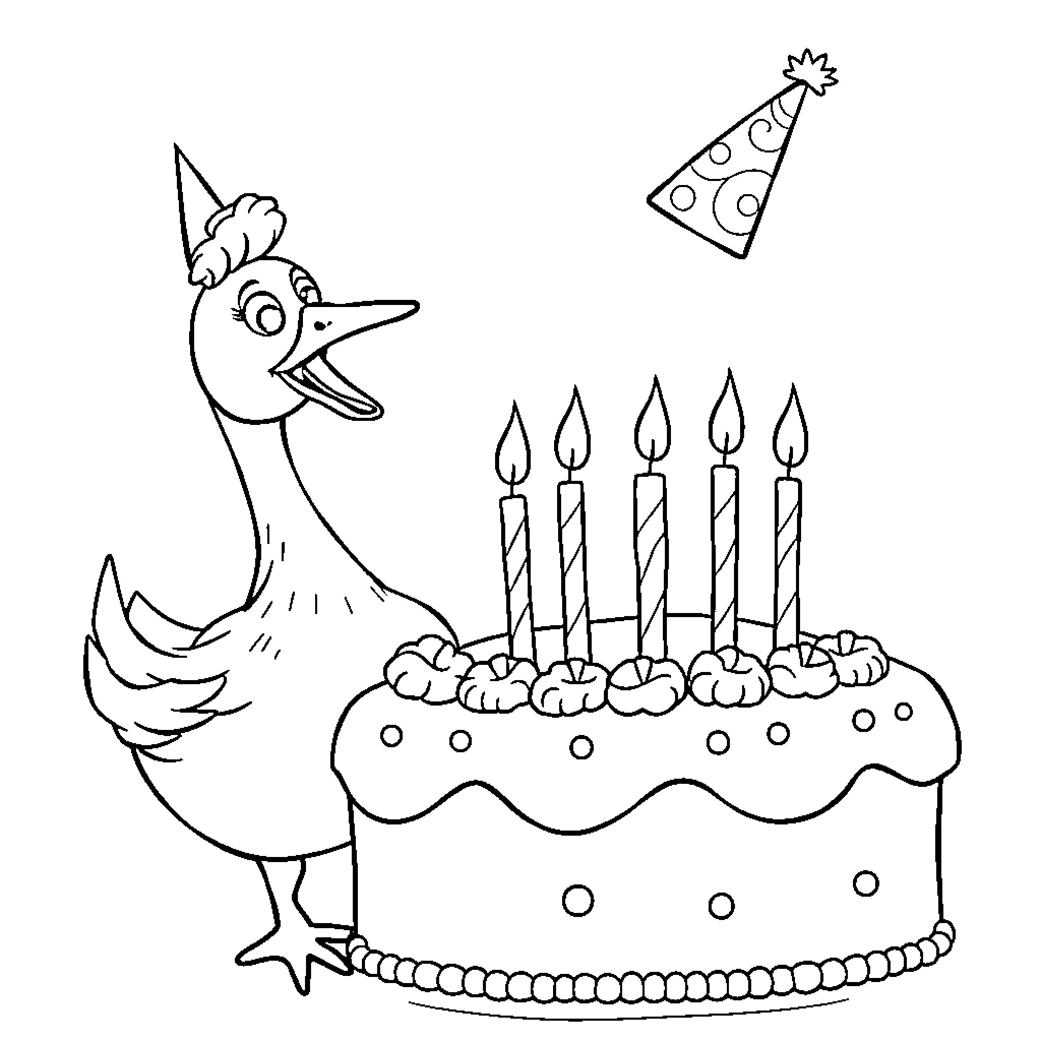 Goose celebrating with cake and party hat Coloring Page (free black-and-white line drawing printable PDF for all, from beginners to advanced learners, including children, teens, adults, and seniors)