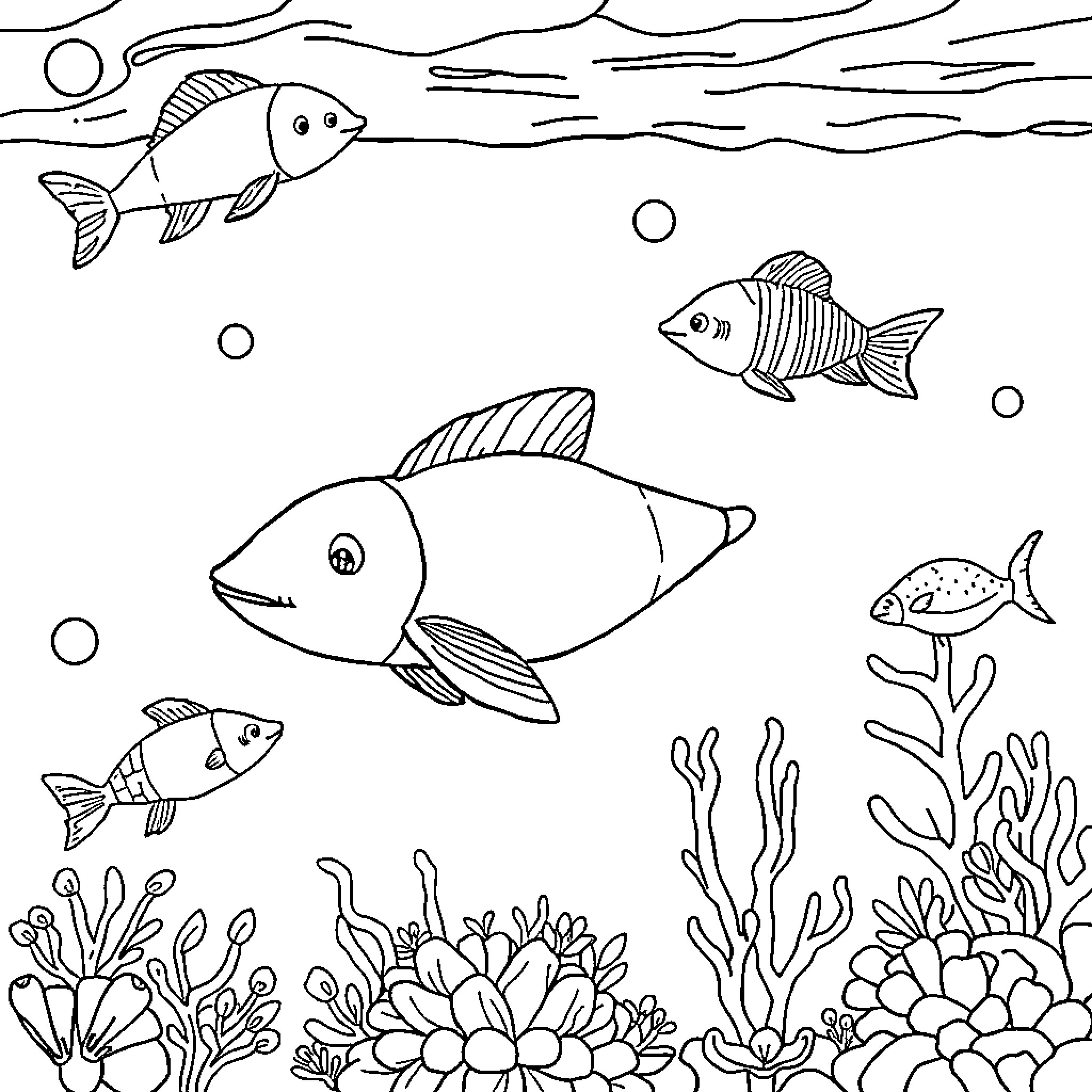 Ocean Animals Swimming in Underwater Scene Coloring Page (free black-and-white line drawing printable PDF for all, from beginners to advanced learners, including children, teens, adults, and seniors)