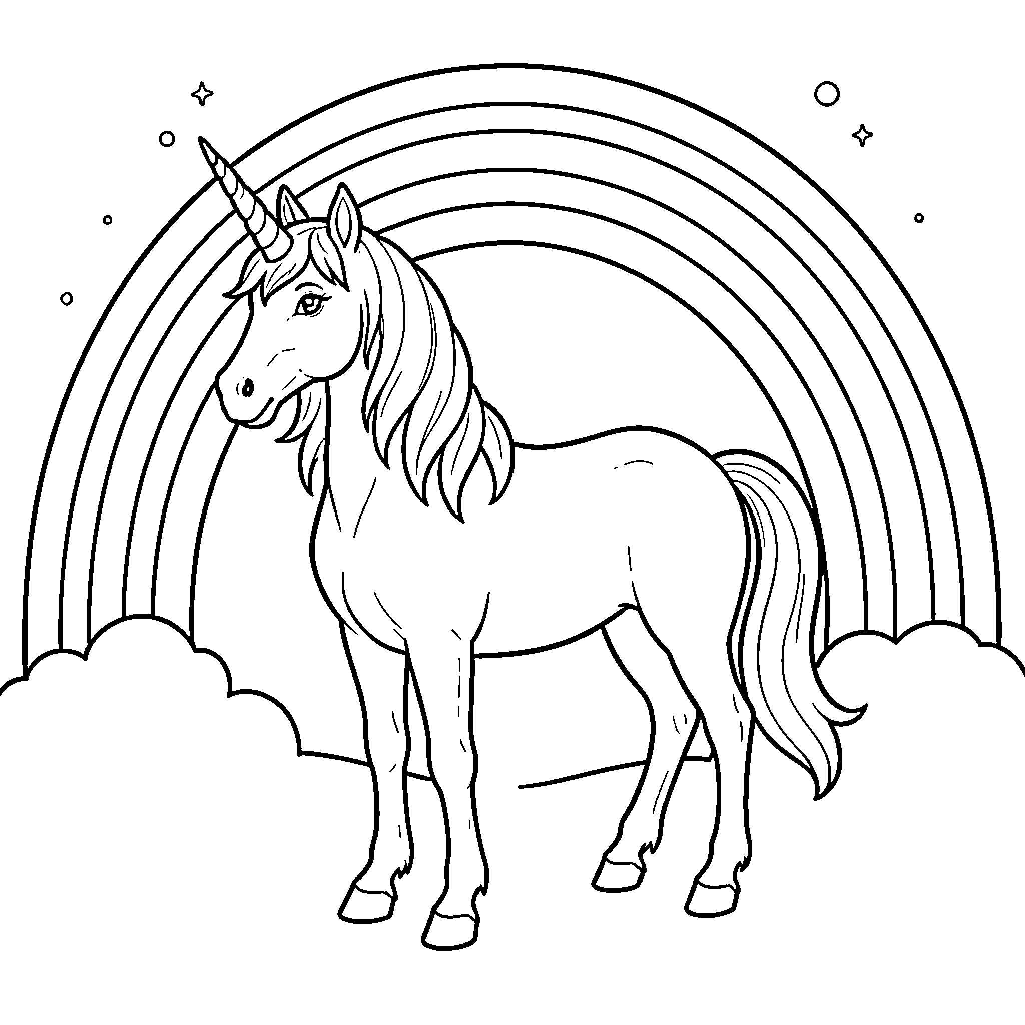 Unicorn standing majestically in front of a rainbow Coloring Page (free black-and-white line drawing printable PDF for all, from beginners to advanced learners, including children, teens, adults, and seniors)