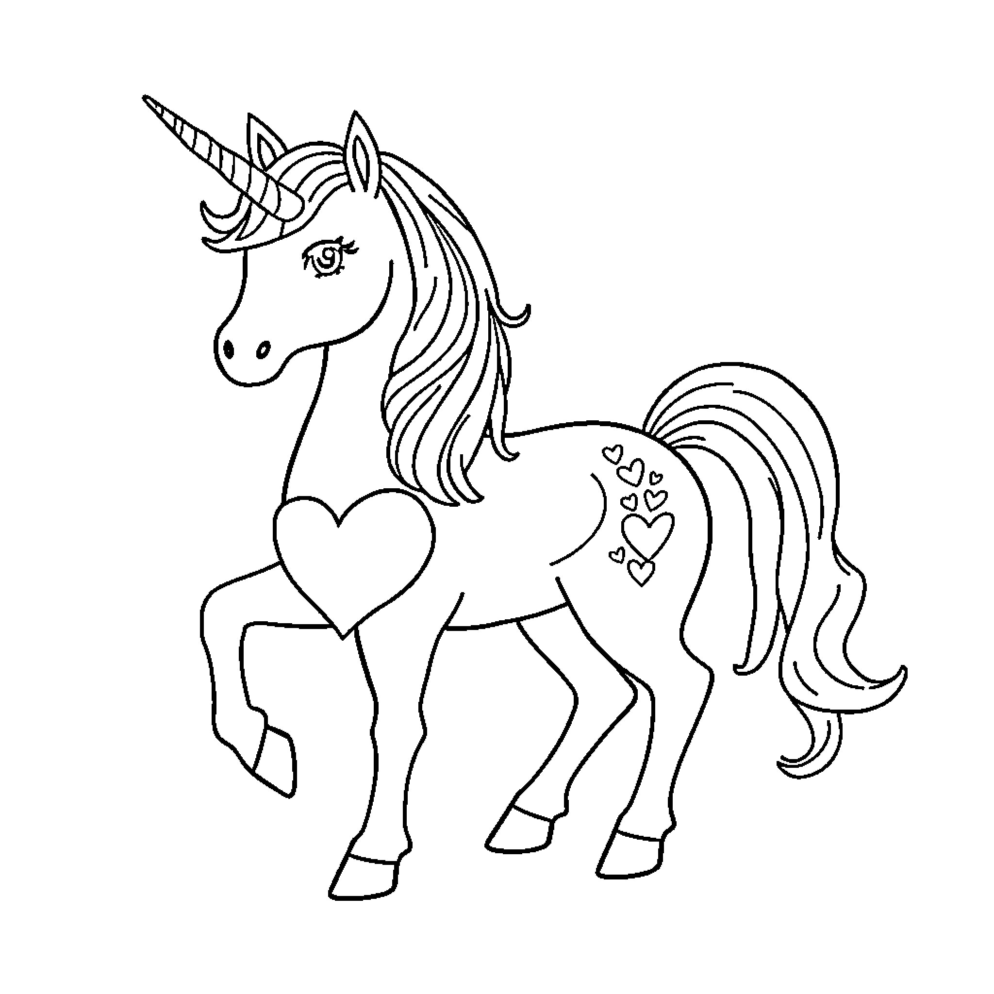Unicorn dancing with hearts Coloring Page (free black-and-white line drawing printable PDF for all, from beginners to advanced learners, including children, teens, adults, and seniors)
