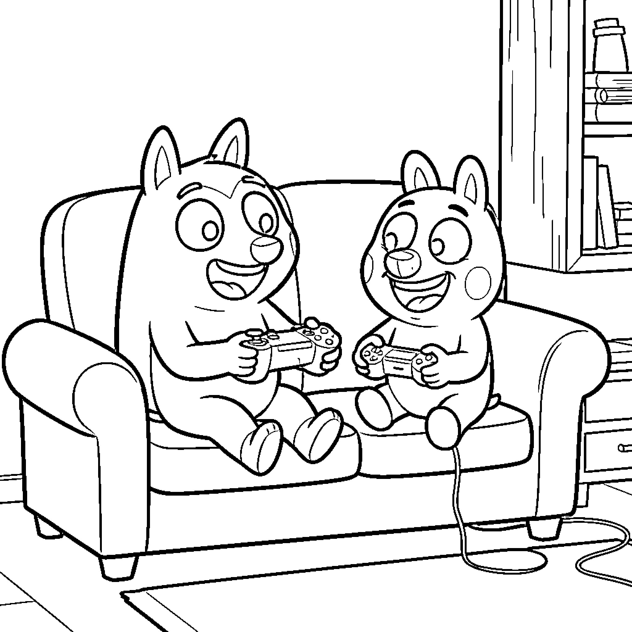 Bluey and Bingo playing video games together Coloring Page (free black-and-white line drawing printable PDF for all, from beginners to advanced learners, including children, teens, adults, and seniors)