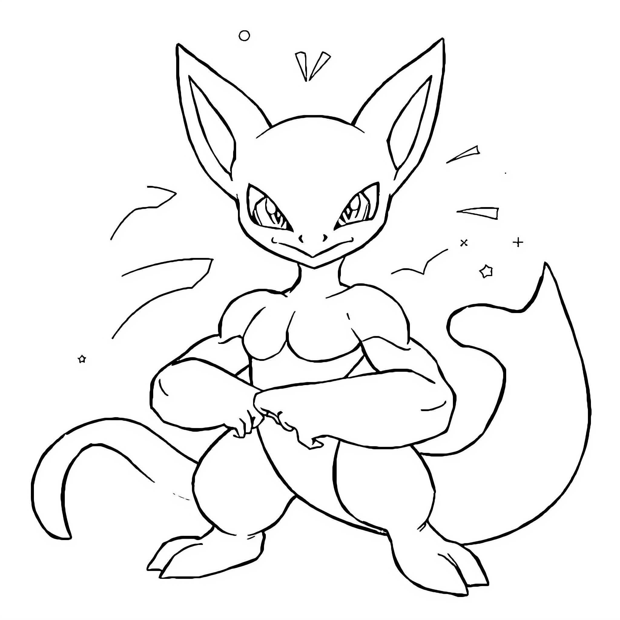 Mewtwo's Powerful Stance and Determined Expression Coloring Page (free black-and-white line drawing printable PDF for all, from beginners to advanced learners, including children, teens, adults, and seniors)