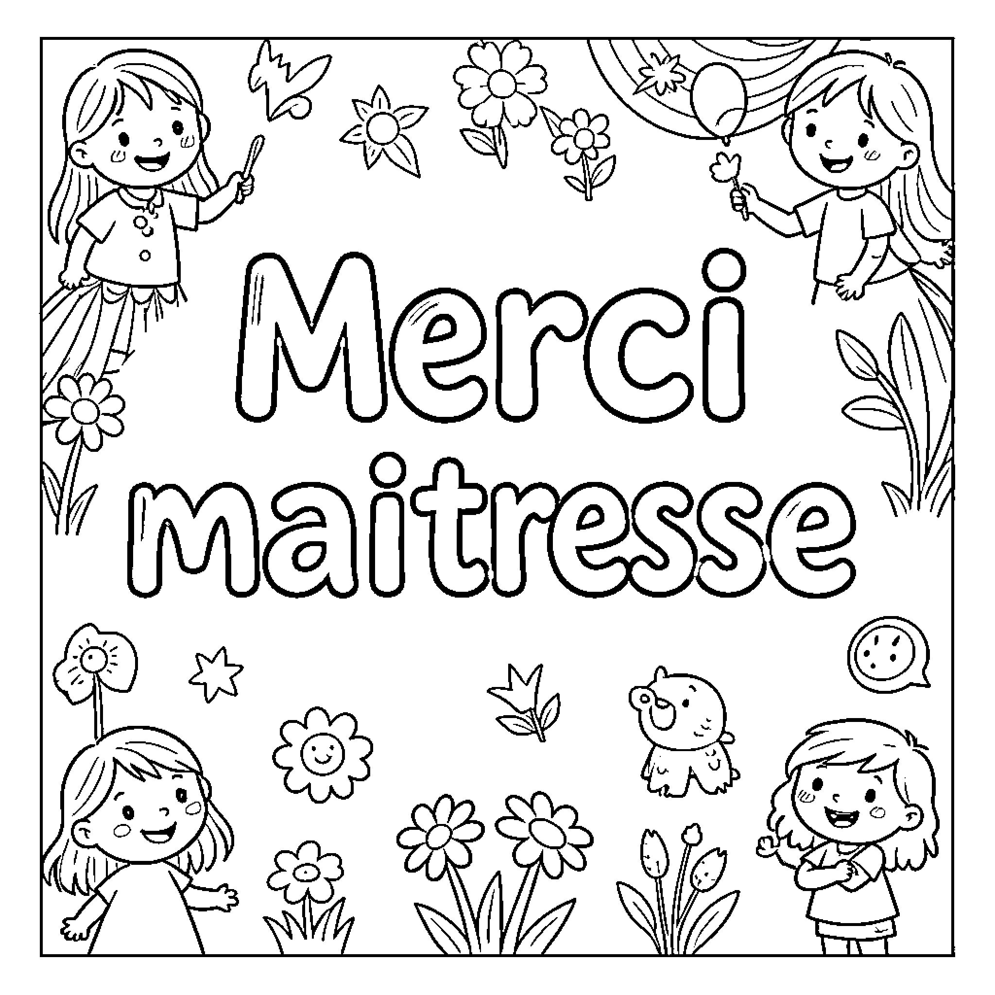 Merci Maitresse featuring happy children and floral decorations Coloring Page (free black-and-white line drawing printable PDF for all, from beginners to advanced learners, including children, teens, adults, and seniors)