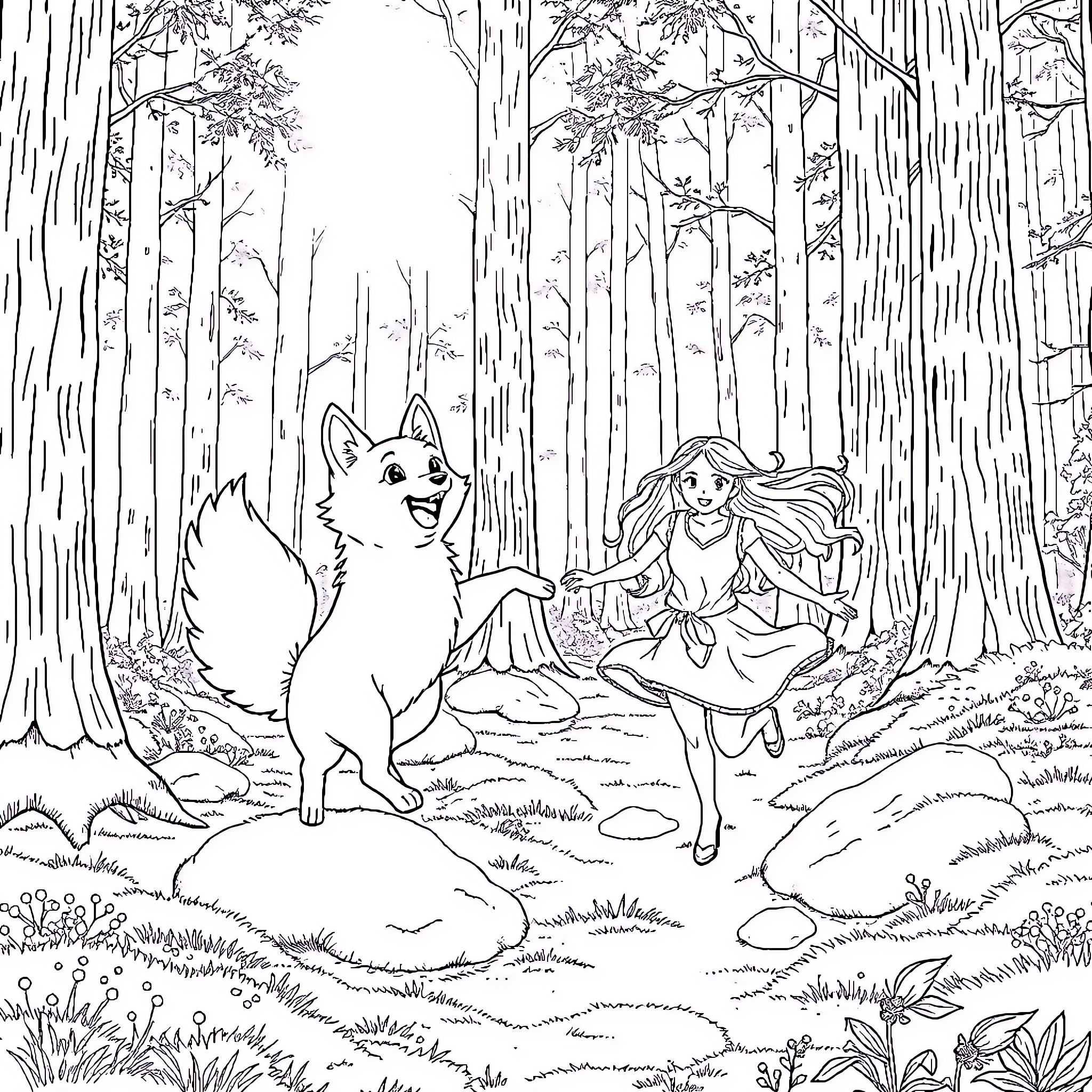 Kitsune and the Enchanted Forest Maiden Coloring Page (free black-and-white line drawing printable PDF for all, from beginners to advanced learners, including children, teens, adults, and seniors)