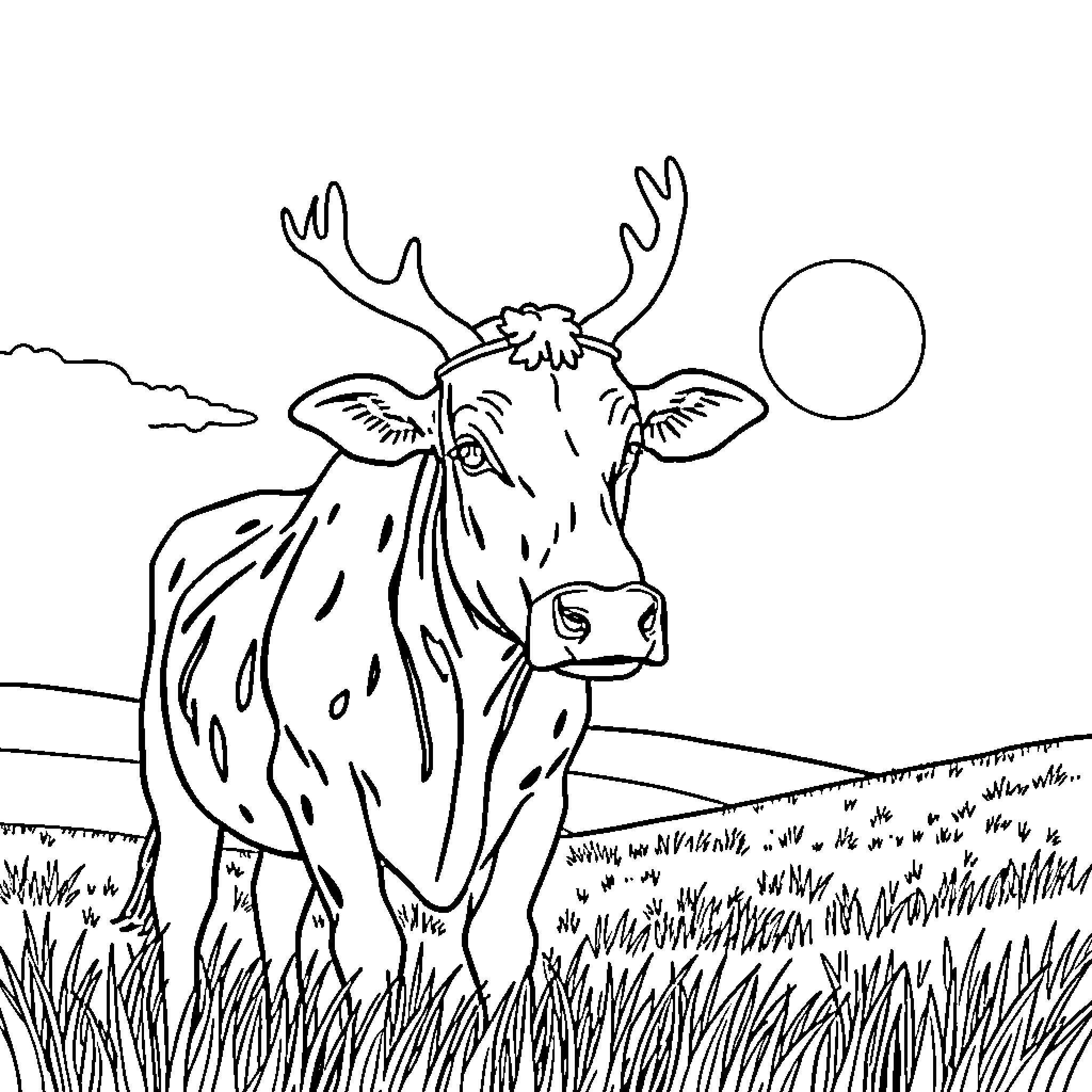 Cow standing in the meadow under the moon Coloring Page (free black-and-white line drawing printable PDF for all, from beginners to advanced learners, including children, teens, adults, and seniors)