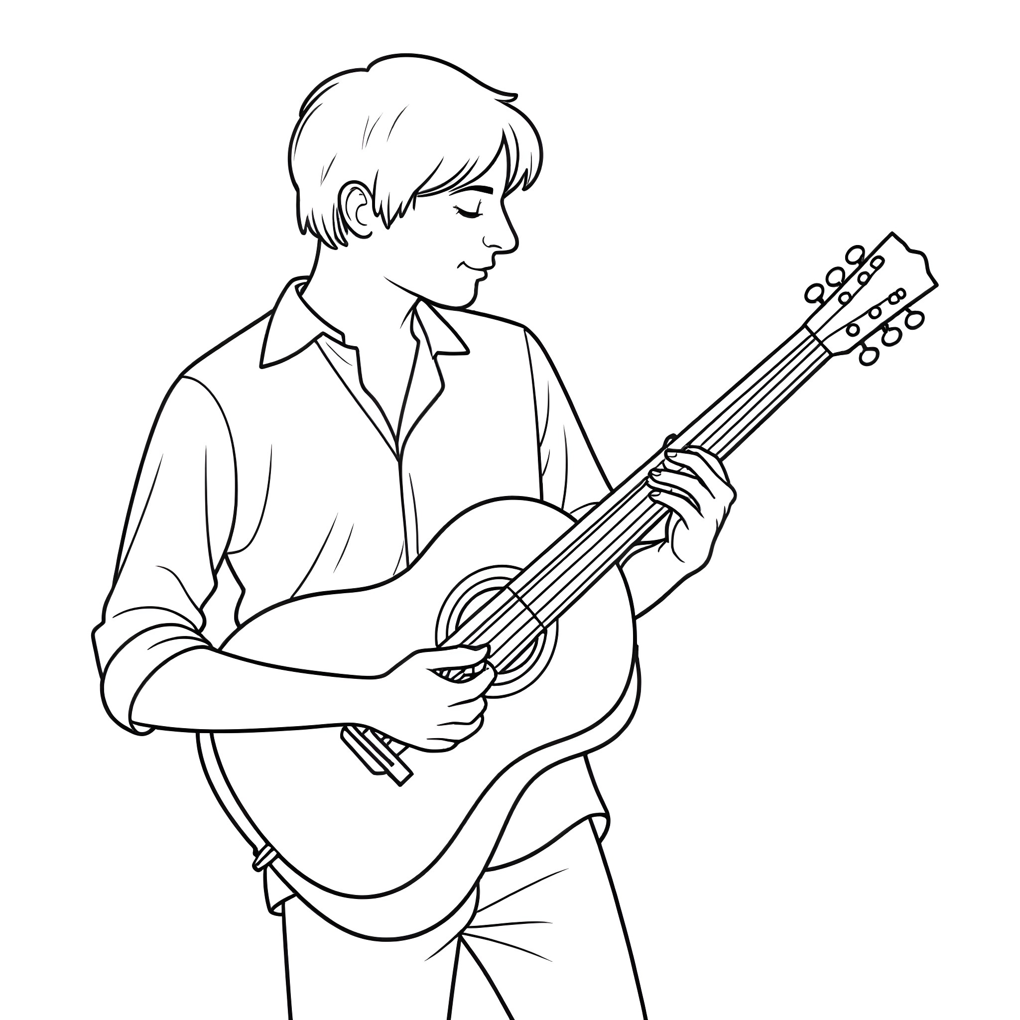 Bayan performing with acoustic guitar Coloring Page (free black-and-white line drawing printable PDF for all, from beginners to advanced learners, including children, teens, adults, and seniors)