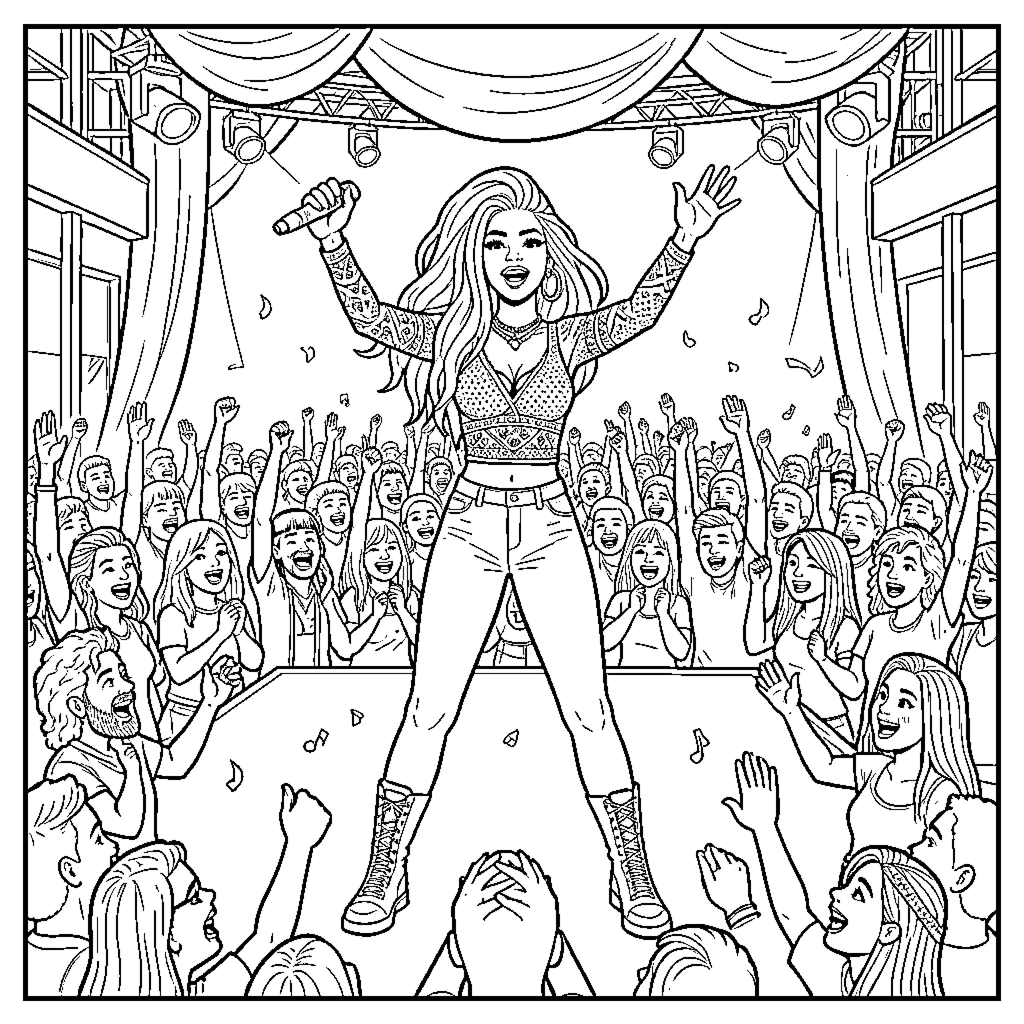 Nicki Minaj performing energetically on stage for a crowd Coloring Page (free black-and-white line drawing printable PDF for all, from beginners to advanced learners, including children, teens, adults, and seniors)