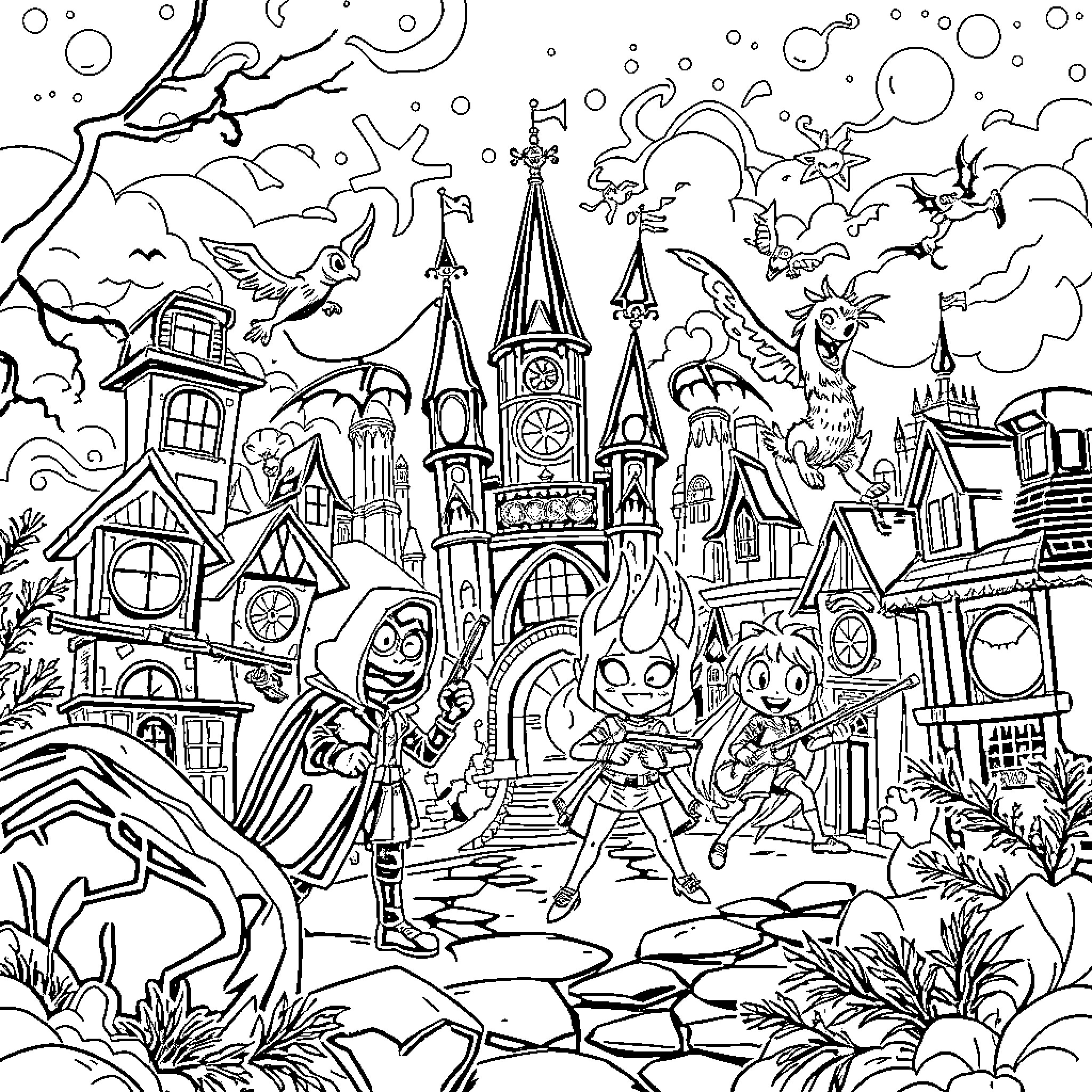 Ghostbusters' Spooky Adventure in a Fantastical Town Coloring Page (free black-and-white line drawing printable PDF for all, from beginners to advanced learners, including children, teens, adults, and seniors)