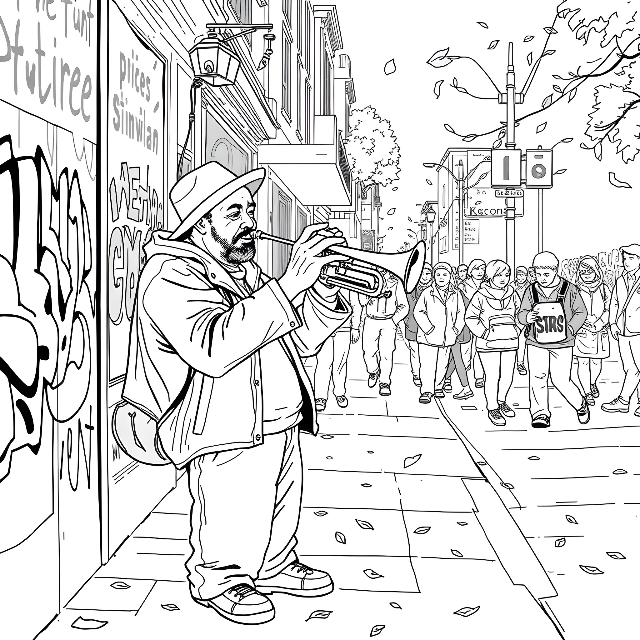 Man playing the trumpet on a busy street Coloring Page (free black-and-white line drawing printable PDF for all, from beginners to advanced learners, including children, teens, adults, and seniors)