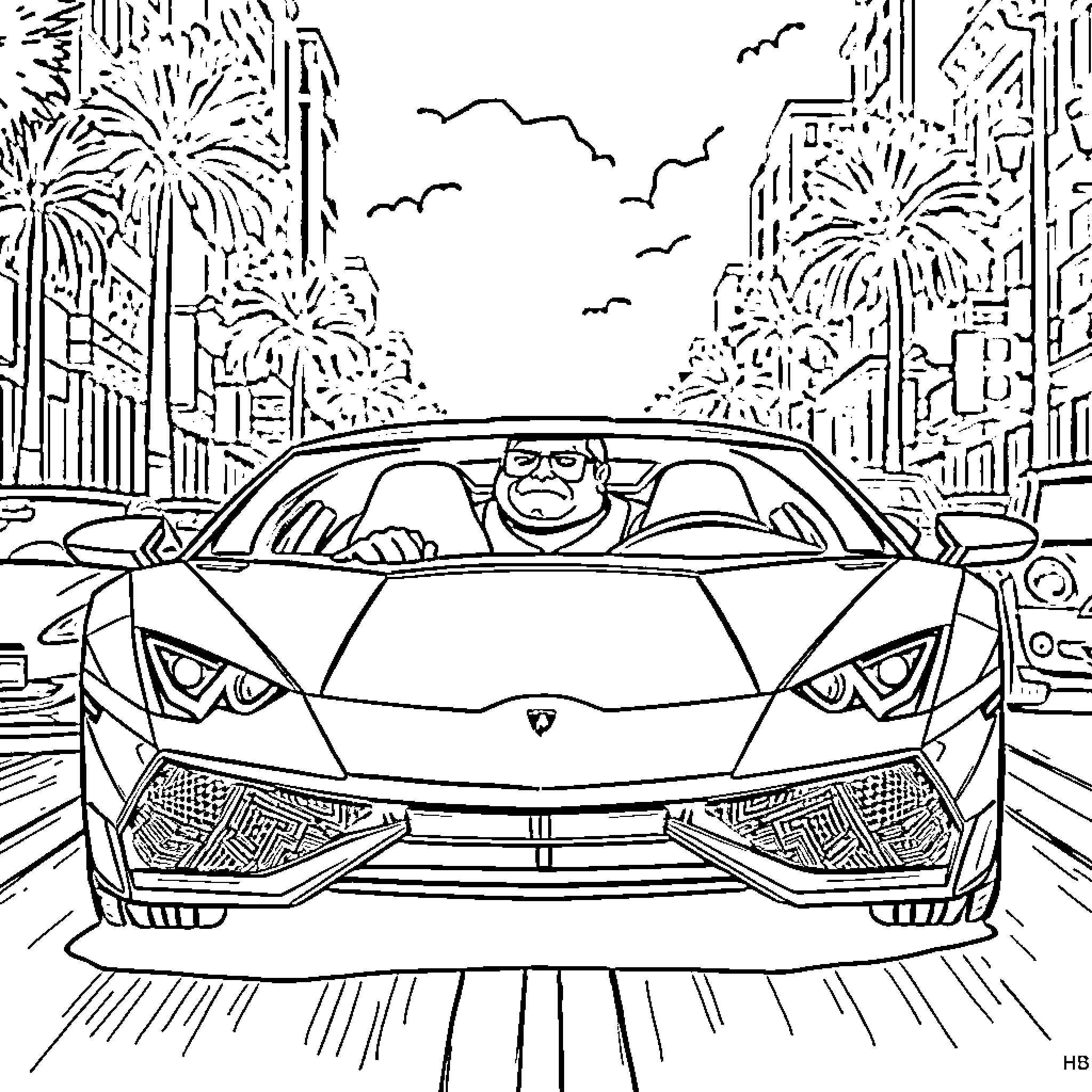 Ginch's Speedy Ride Through the Cityscape Coloring Page (free black-and-white line drawing printable PDF for all, from beginners to advanced learners, including children, teens, adults, and seniors)