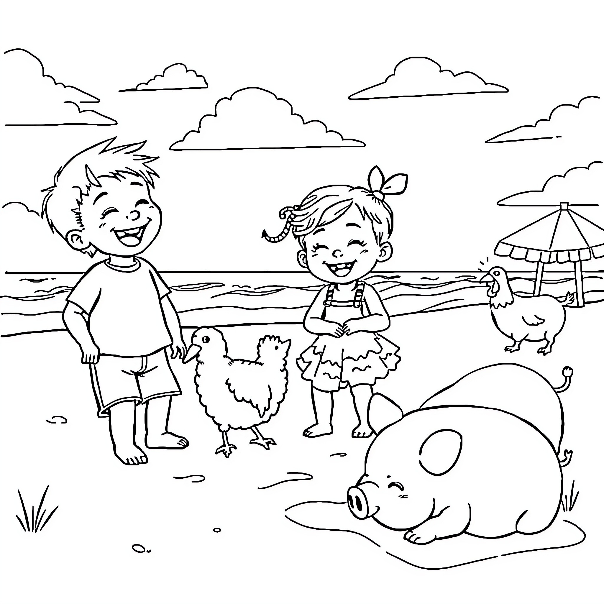 Children playing happily on the beach Coloring Page (free black-and-white line drawing printable PDF for all, from beginners to advanced learners, including children, teens, adults, and seniors)