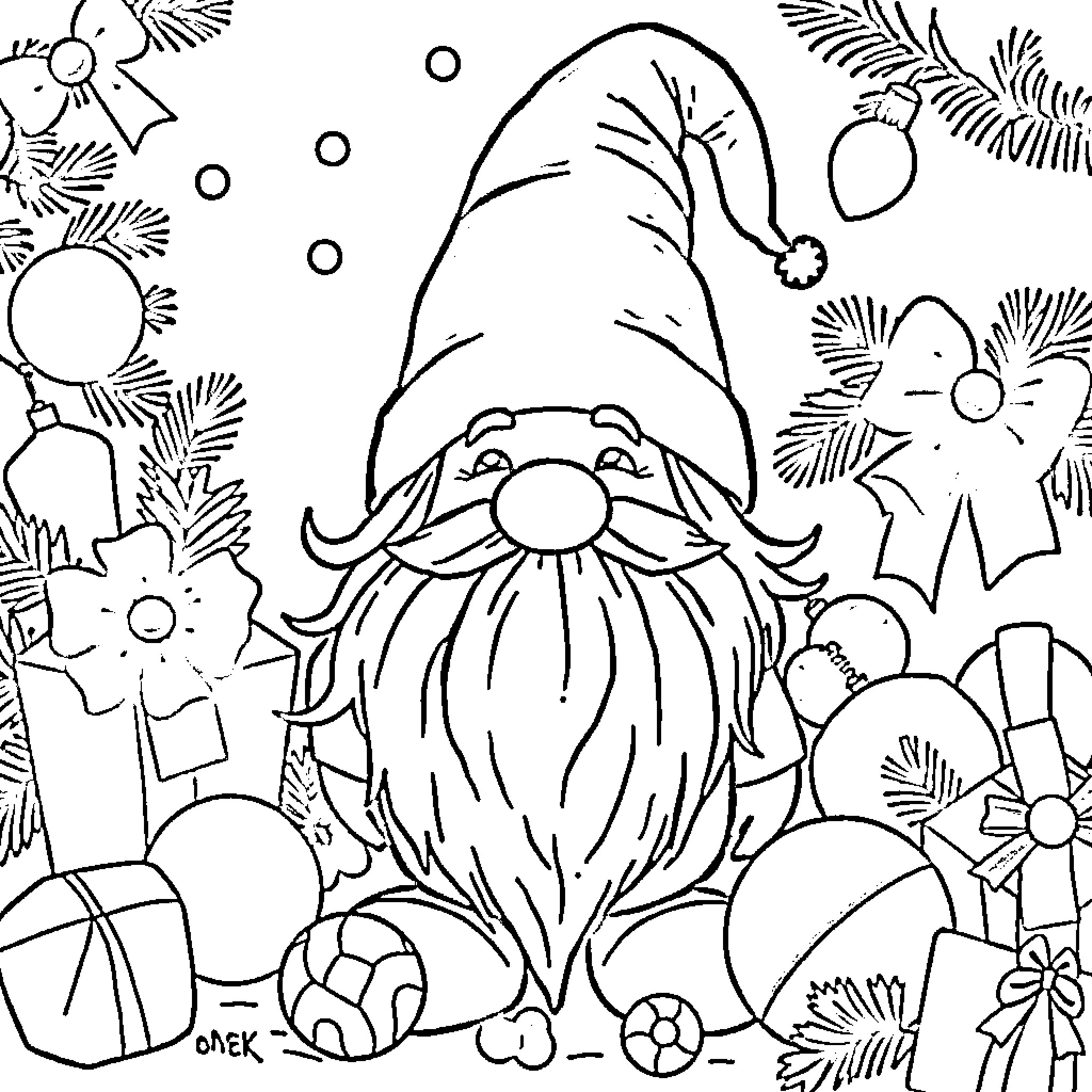 Gnome surrounded by festive holiday decorations Coloring Page (free black-and-white line drawing printable PDF for all, from beginners to advanced learners, including children, teens, adults, and seniors)
