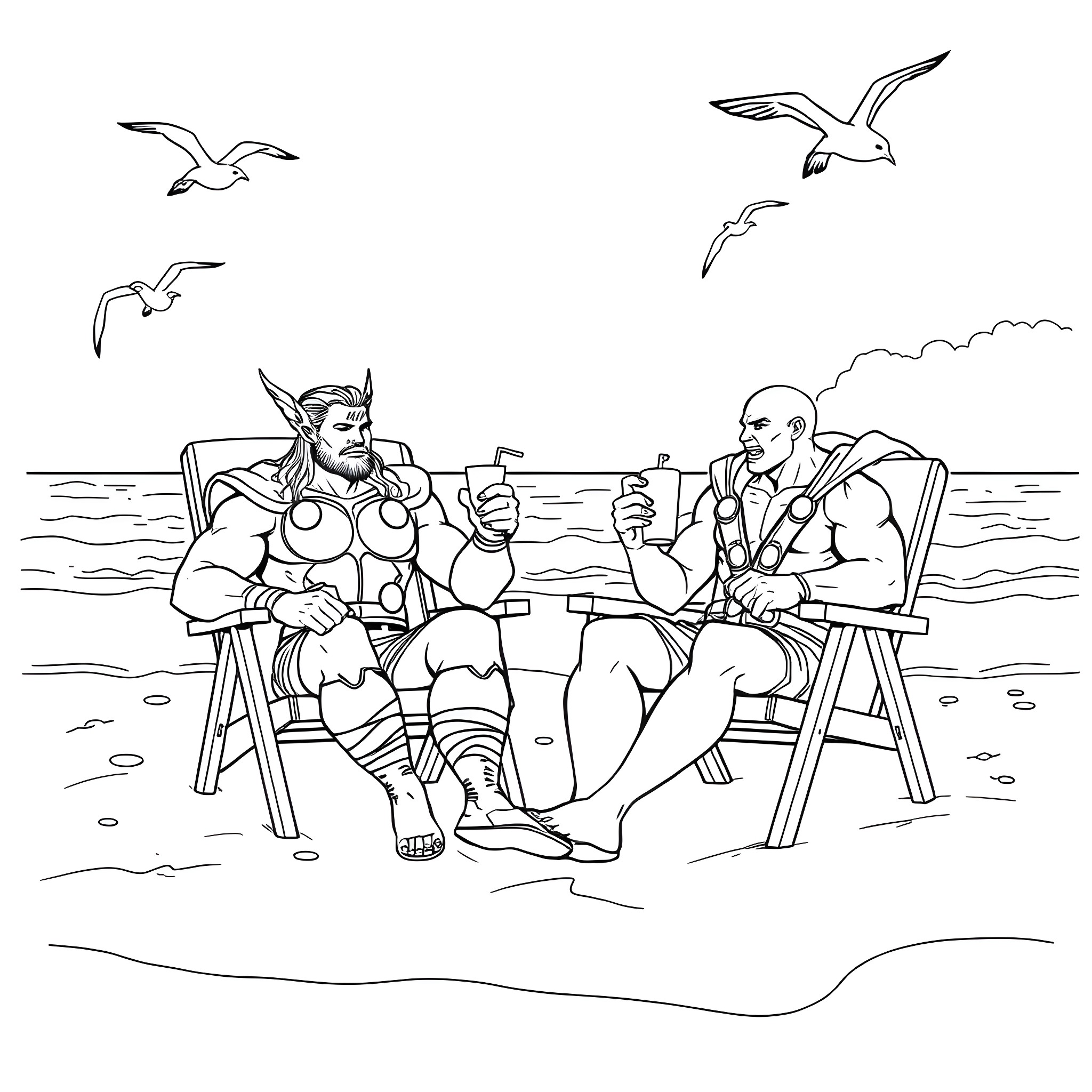 Thor and Loki relaxing on the beach Coloring Page (free black-and-white line drawing printable PDF for all, from beginners to advanced learners, including children, teens, adults, and seniors)