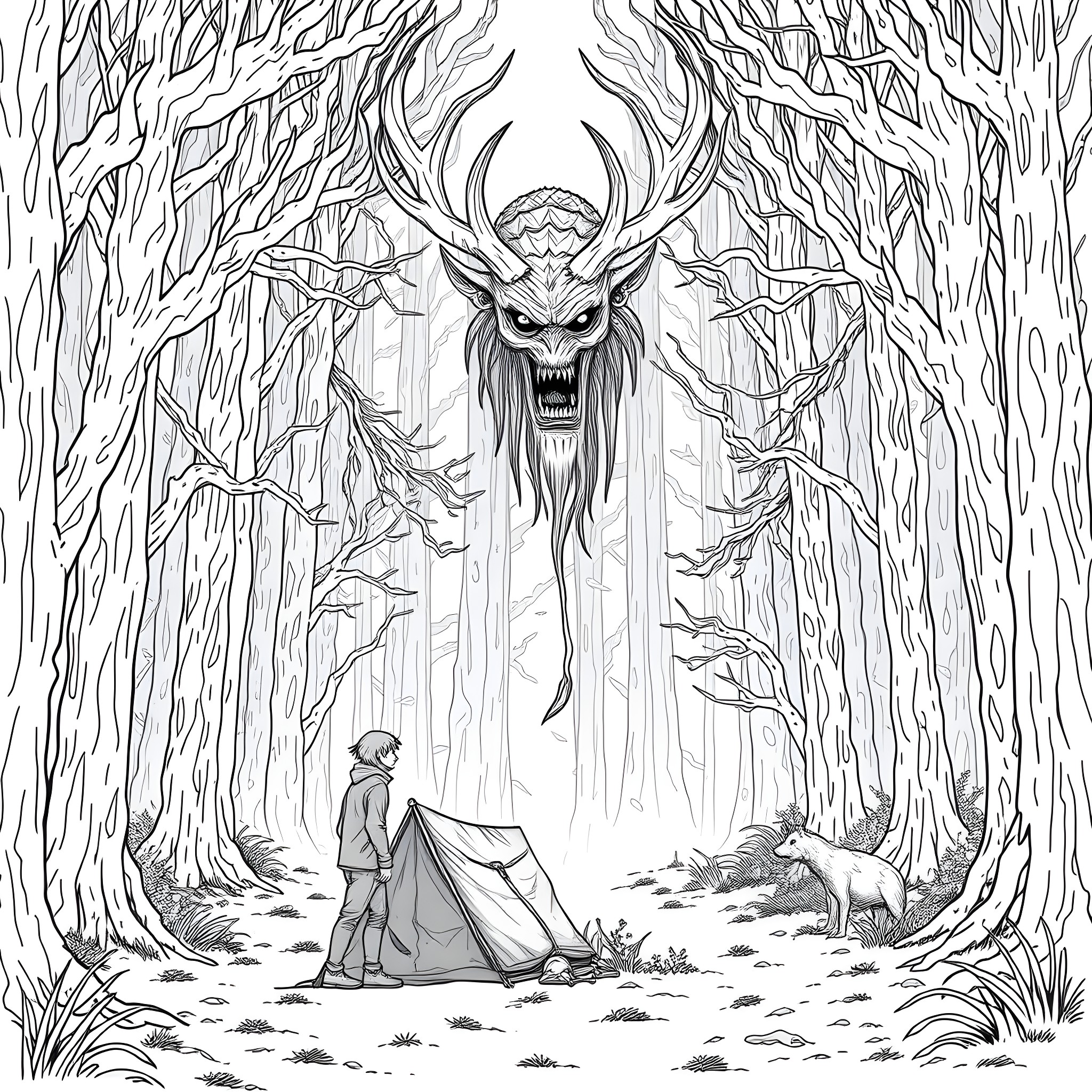 Camper encounters a monstrous deer spirit in the eerie forest Coloring Page (free black-and-white line drawing printable PDF for all, from beginners to advanced learners, including children, teens, adults, and seniors)