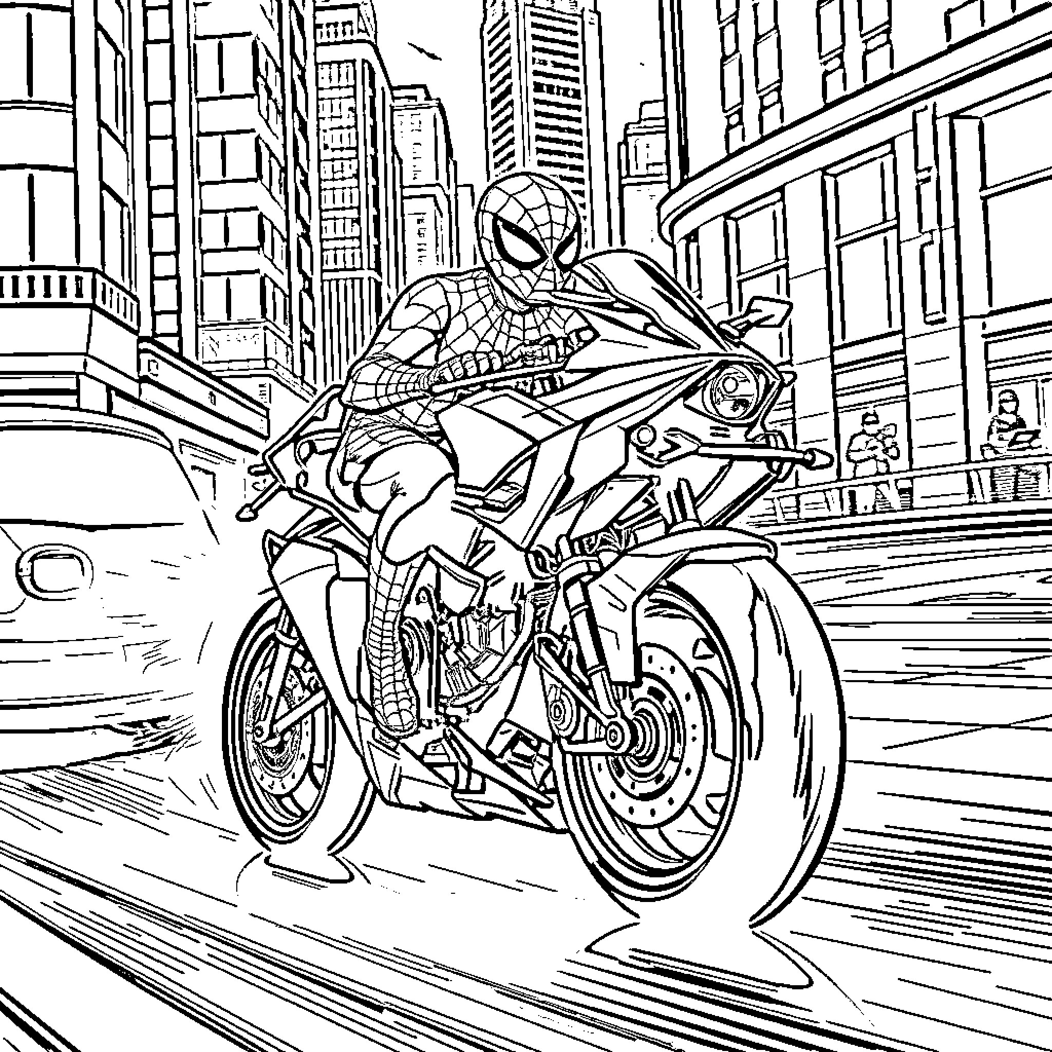Spiderman riding a high-speed motorcycle through the city Coloring Page (free black-and-white line drawing printable PDF for all, from beginners to advanced learners, including children, teens, adults, and seniors)