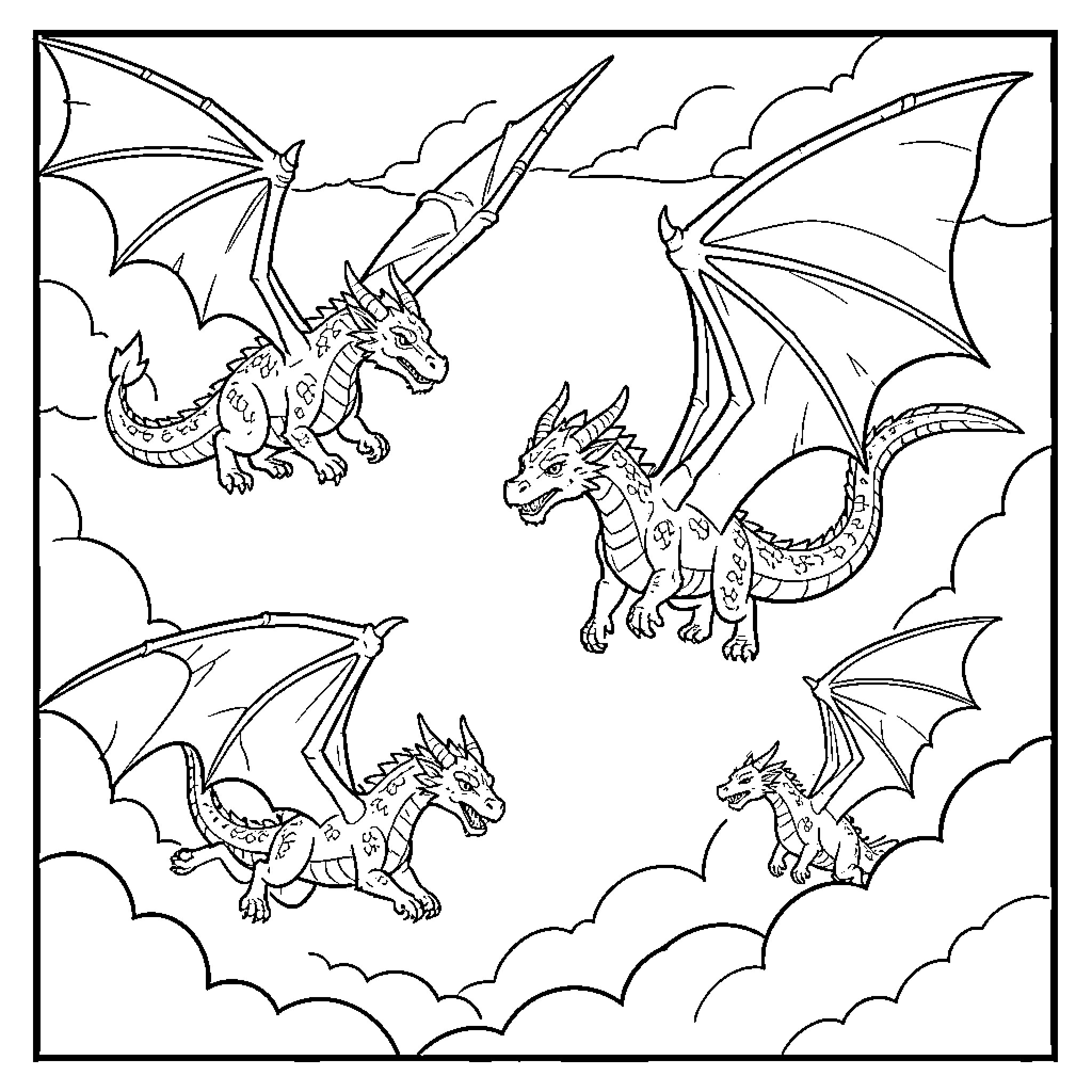 Dragon group flying through a cloudy sky Coloring Page (free black-and-white line drawing printable PDF for all, from beginners to advanced learners, including children, teens, adults, and seniors)