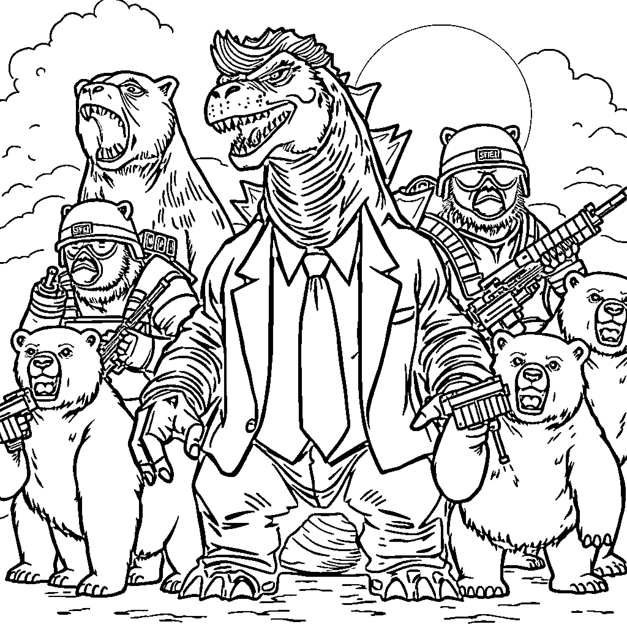 Godzilla leads an army of fearsome monsters Coloring Page (free black-and-white line drawing printable PDF for all, from beginners to advanced learners, including children, teens, adults, and seniors)