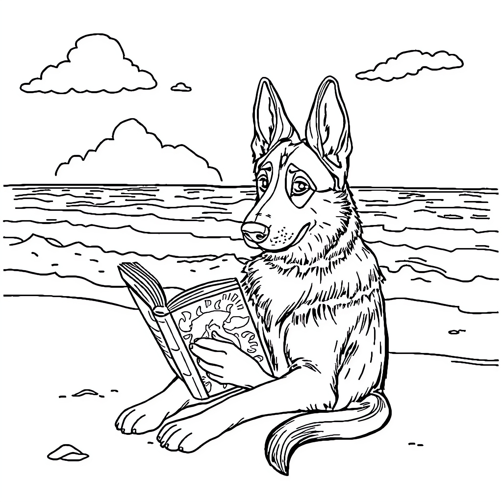 German Shepherd reading book on the beach Coloring Page (free black-and-white line drawing printable PDF for all, from beginners to advanced learners, including children, teens, adults, and seniors)
