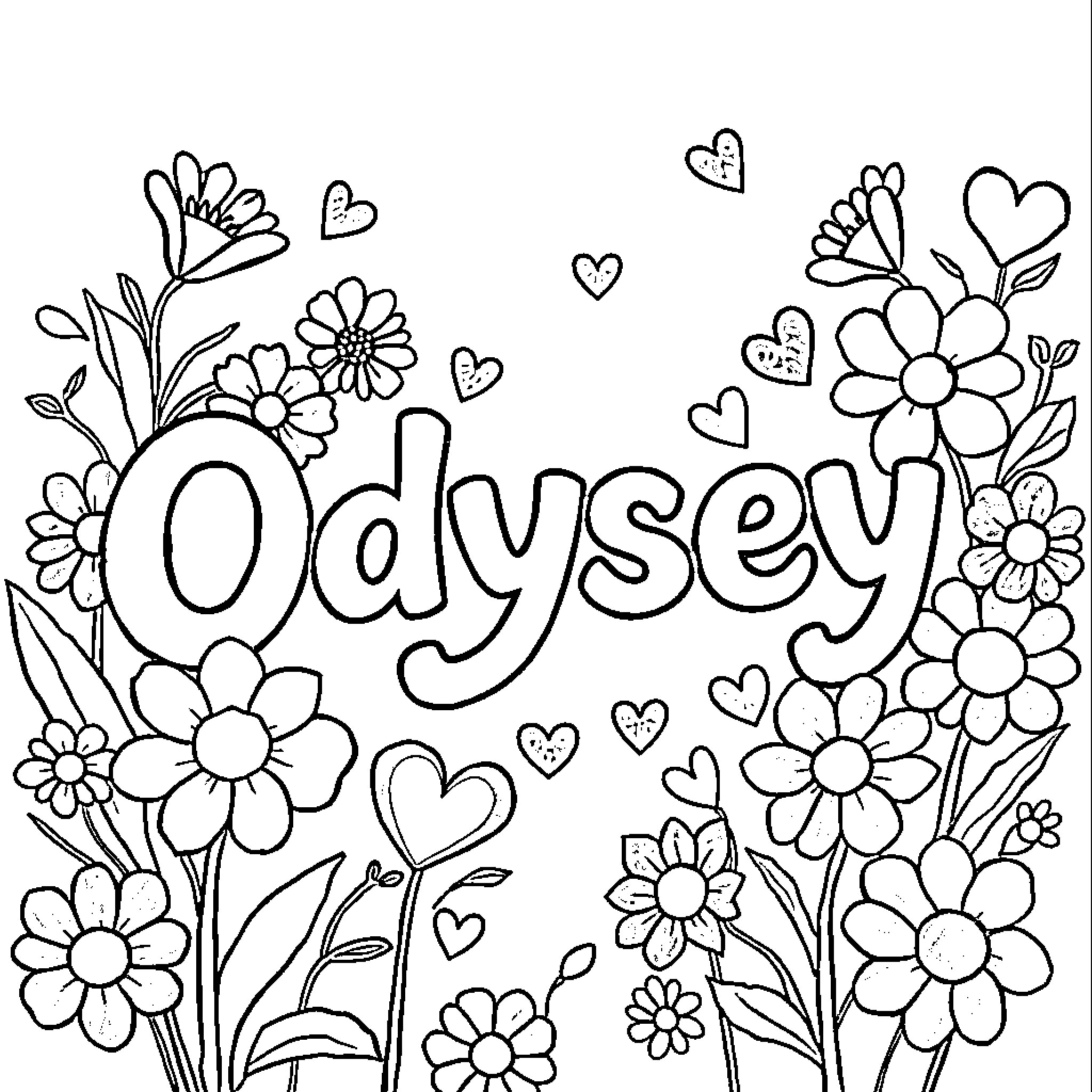 Flower-filled frame with the name Odyssey Coloring Page (free black-and-white line drawing printable PDF for all, from beginners to advanced learners, including children, teens, adults, and seniors)