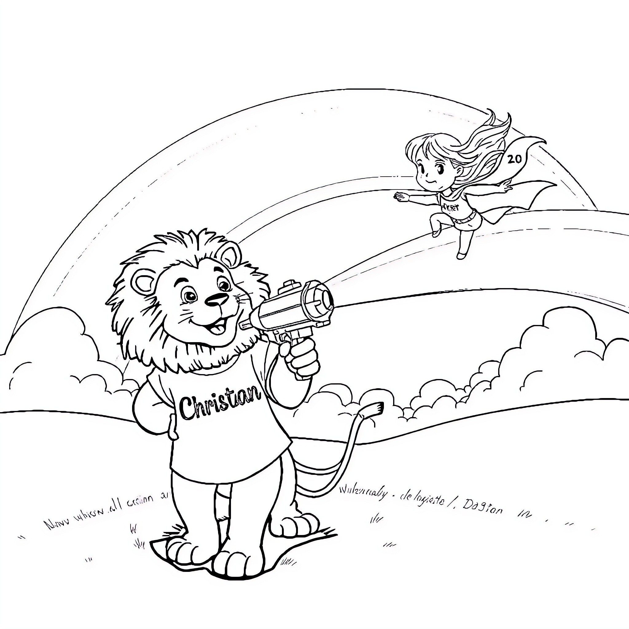 Lion Playing with Child in the Sky Coloring Page (free black-and-white line drawing printable PDF for all, from beginners to advanced learners, including children, teens, adults, and seniors)