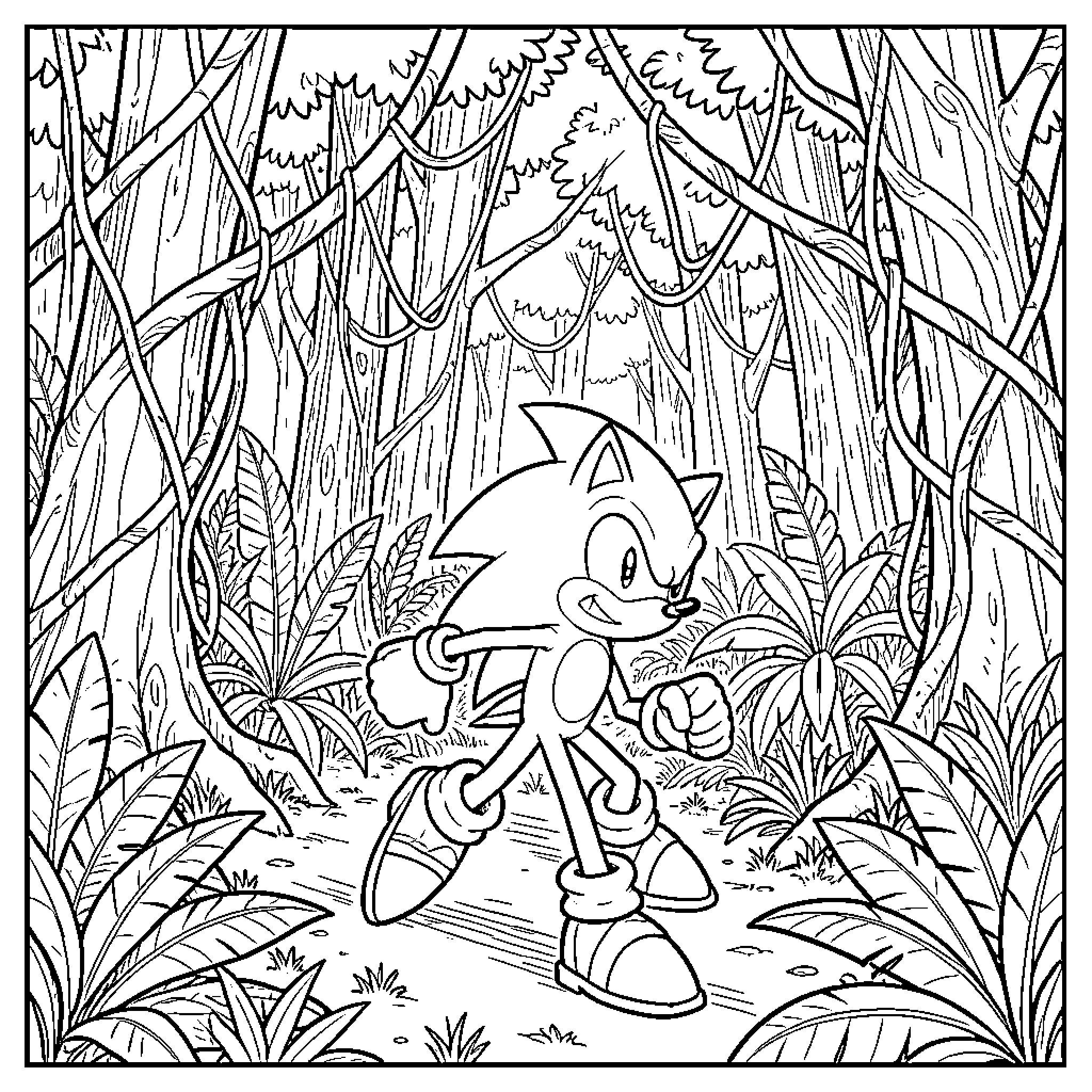 Sonic walking confidently through a dense jungle Coloring Page (free black-and-white line drawing printable PDF for all, from beginners to advanced learners, including children, teens, adults, and seniors)