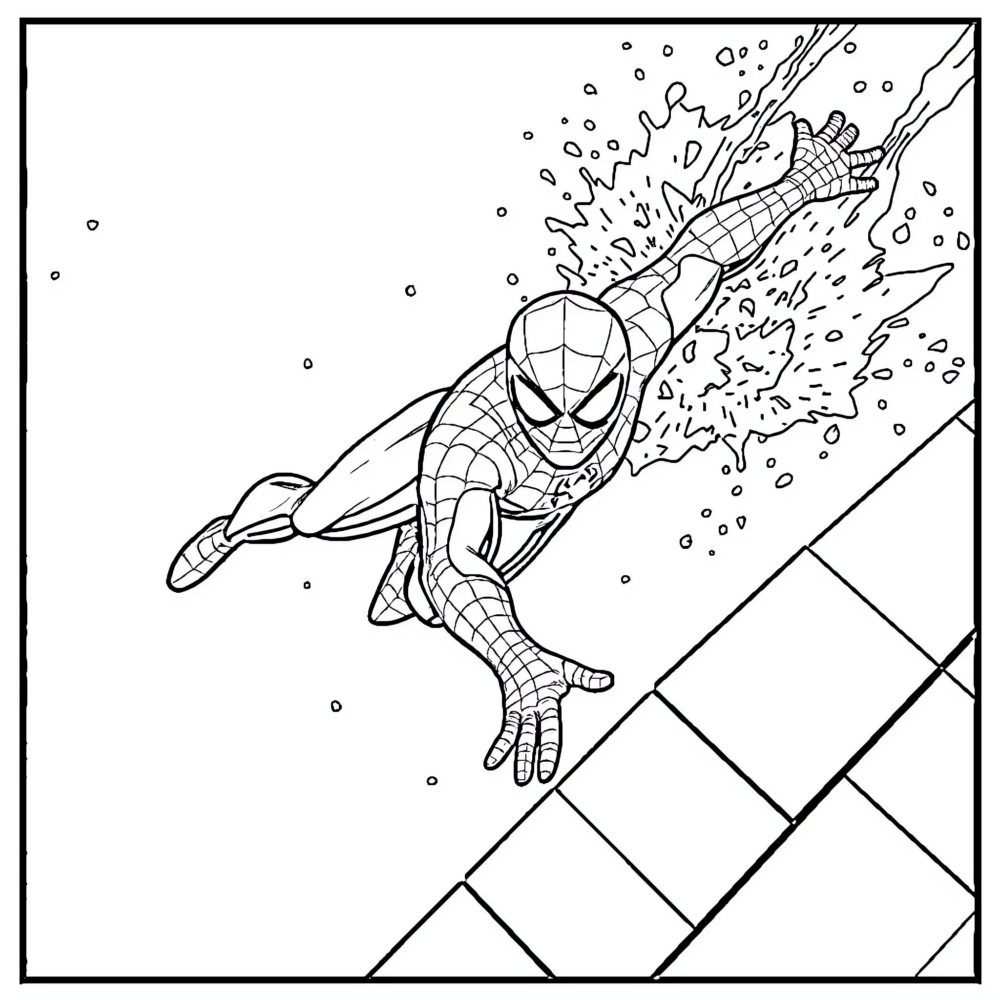 Spider-Man swinging through the city Coloring Page (free black-and-white line drawing printable PDF for all, from beginners to advanced learners, including children, teens, adults, and seniors)
