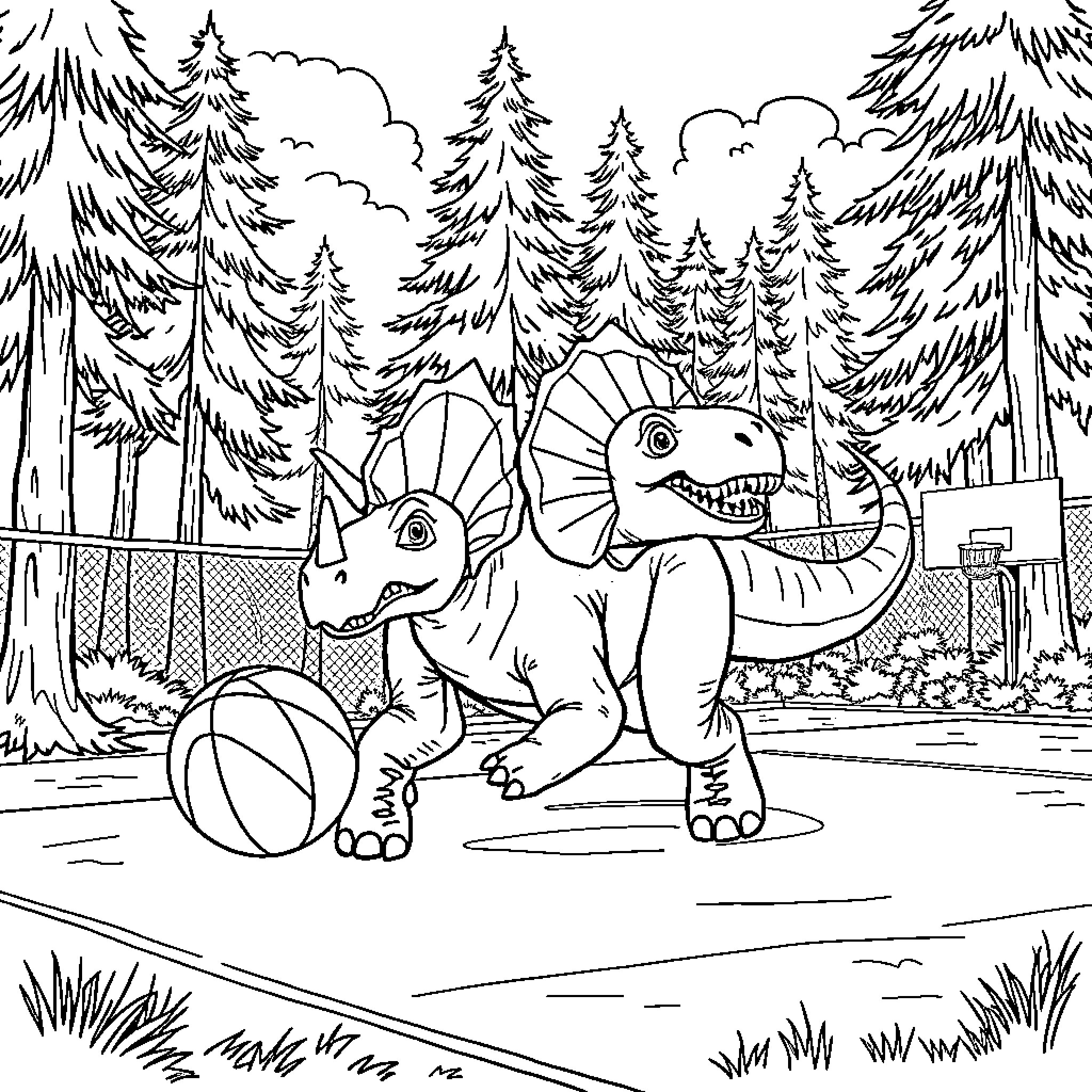 Triceratops playing with ball in the forest Coloring Page (free black-and-white line drawing printable PDF for all, from beginners to advanced learners, including children, teens, adults, and seniors)