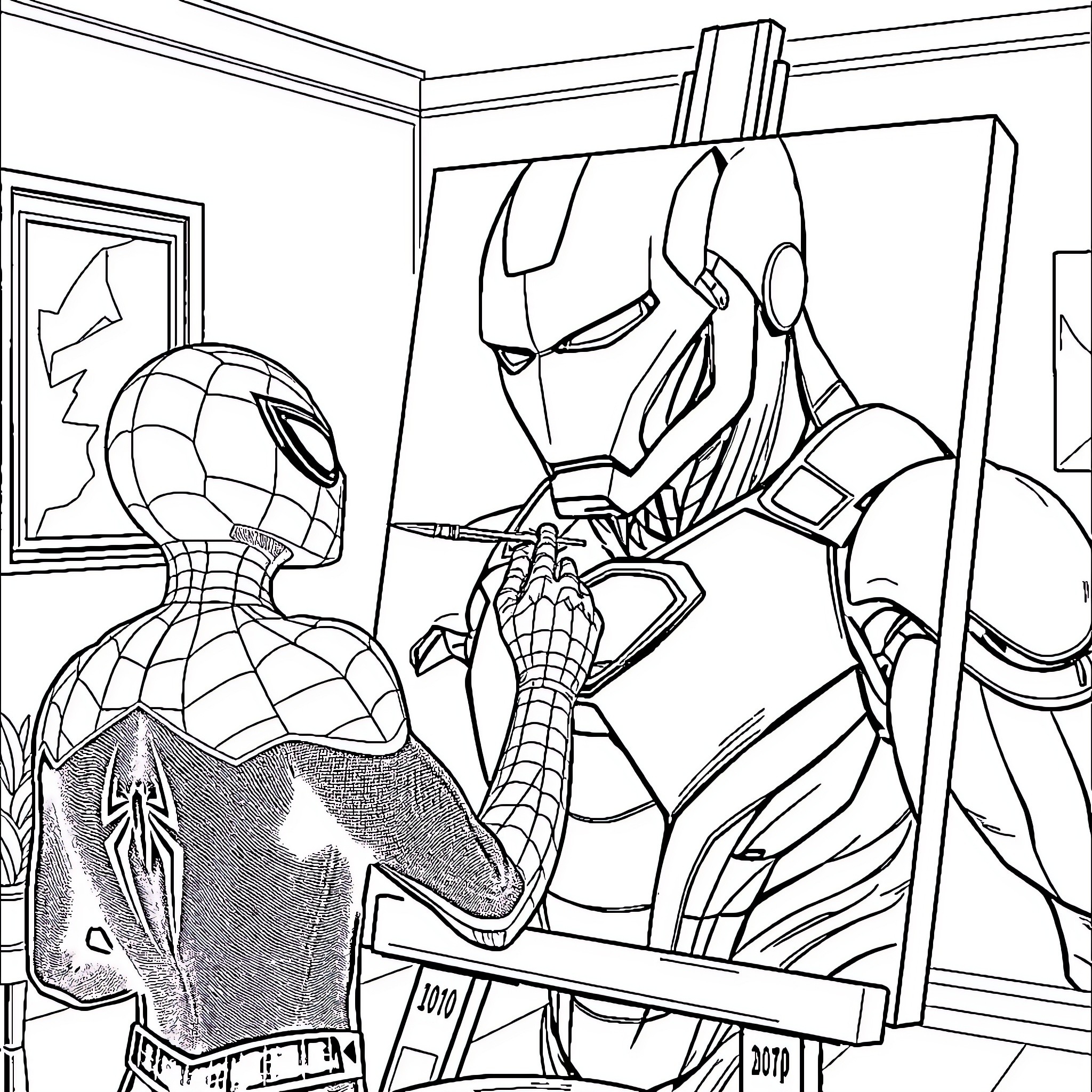 Spider-Man confronting his foe in a dramatic scene Coloring Page (free black-and-white line drawing printable PDF for all, from beginners to advanced learners, including children, teens, adults, and seniors)