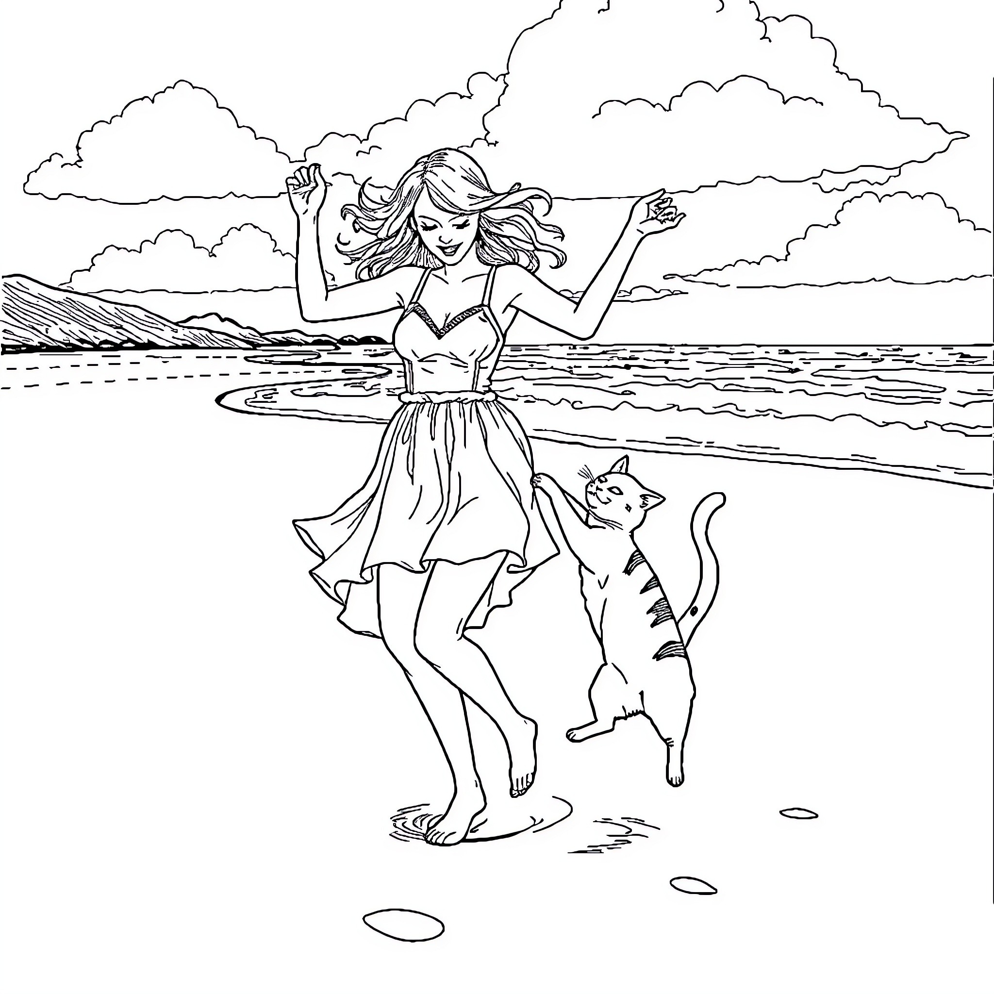 Taylor Swift dancing joyfully with her cat on the beach Coloring Page (free black-and-white line drawing printable PDF for all, from beginners to advanced learners, including children, teens, adults, and seniors)