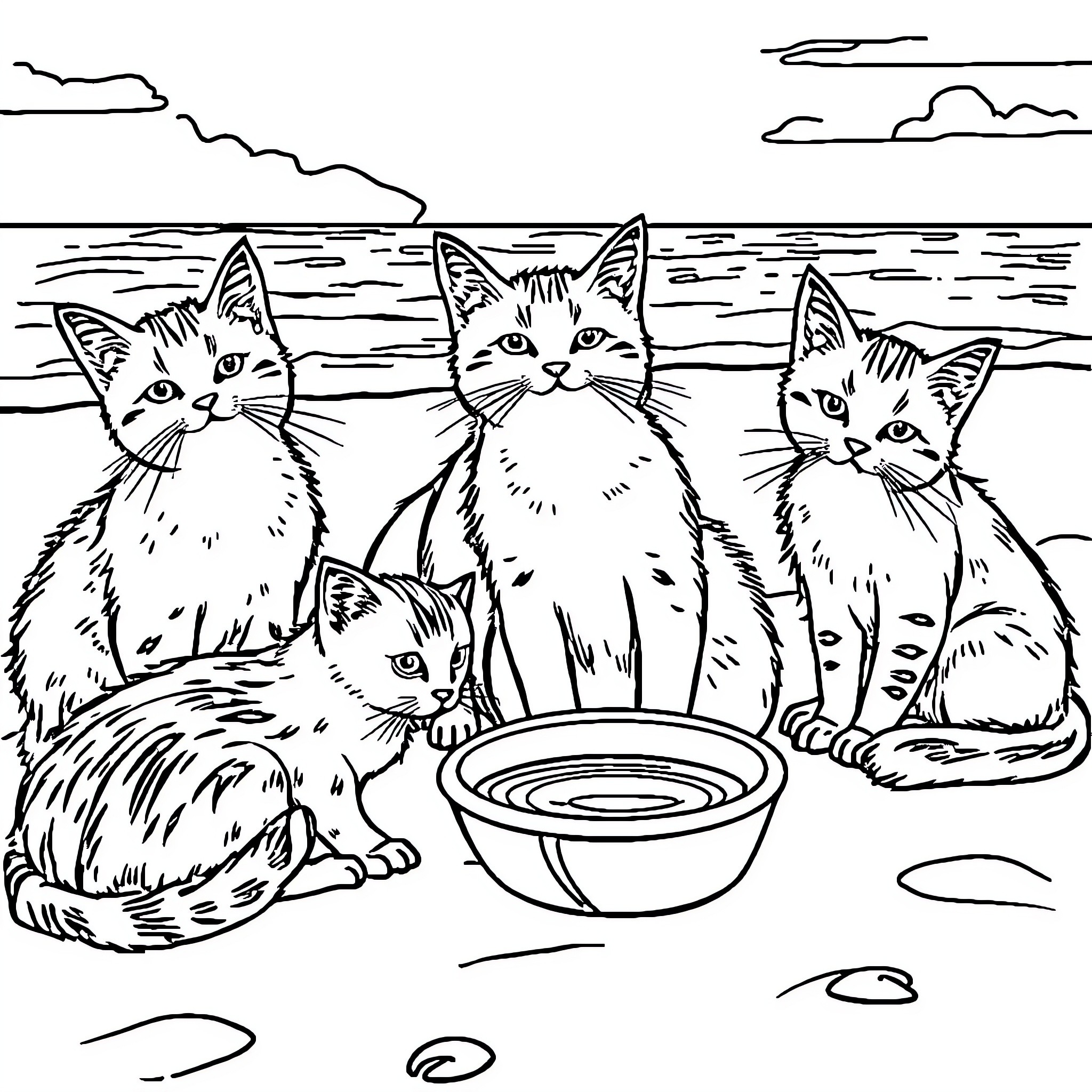 Cats Sitting by a Dish on the Beach Coloring Page (free black-and-white line drawing printable PDF for all, from beginners to advanced learners, including children, teens, adults, and seniors)