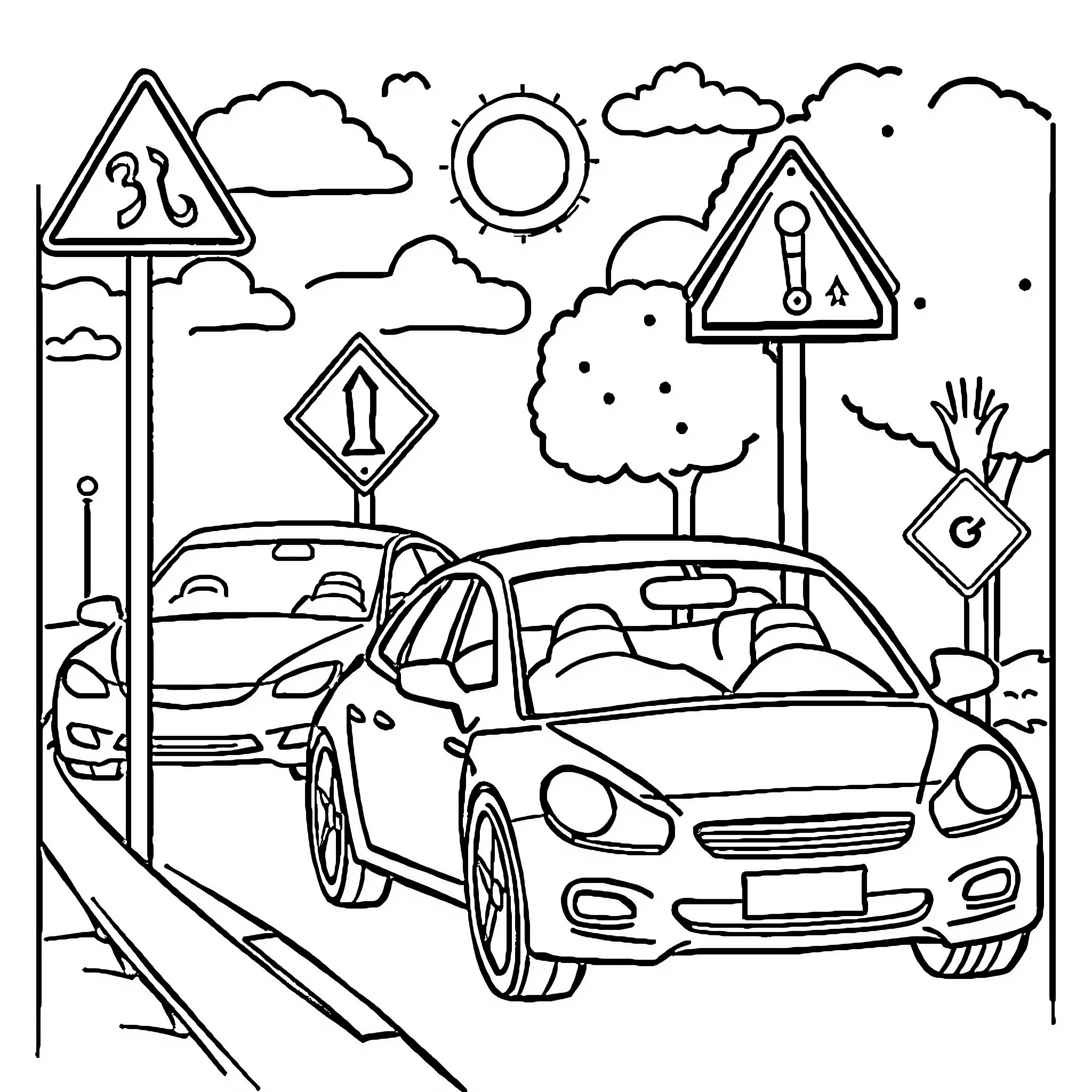 Driving Lesson on a Scenic Road Coloring Page (free black-and-white line drawing printable PDF for all, from beginners to advanced learners, including children, teens, adults, and seniors)
