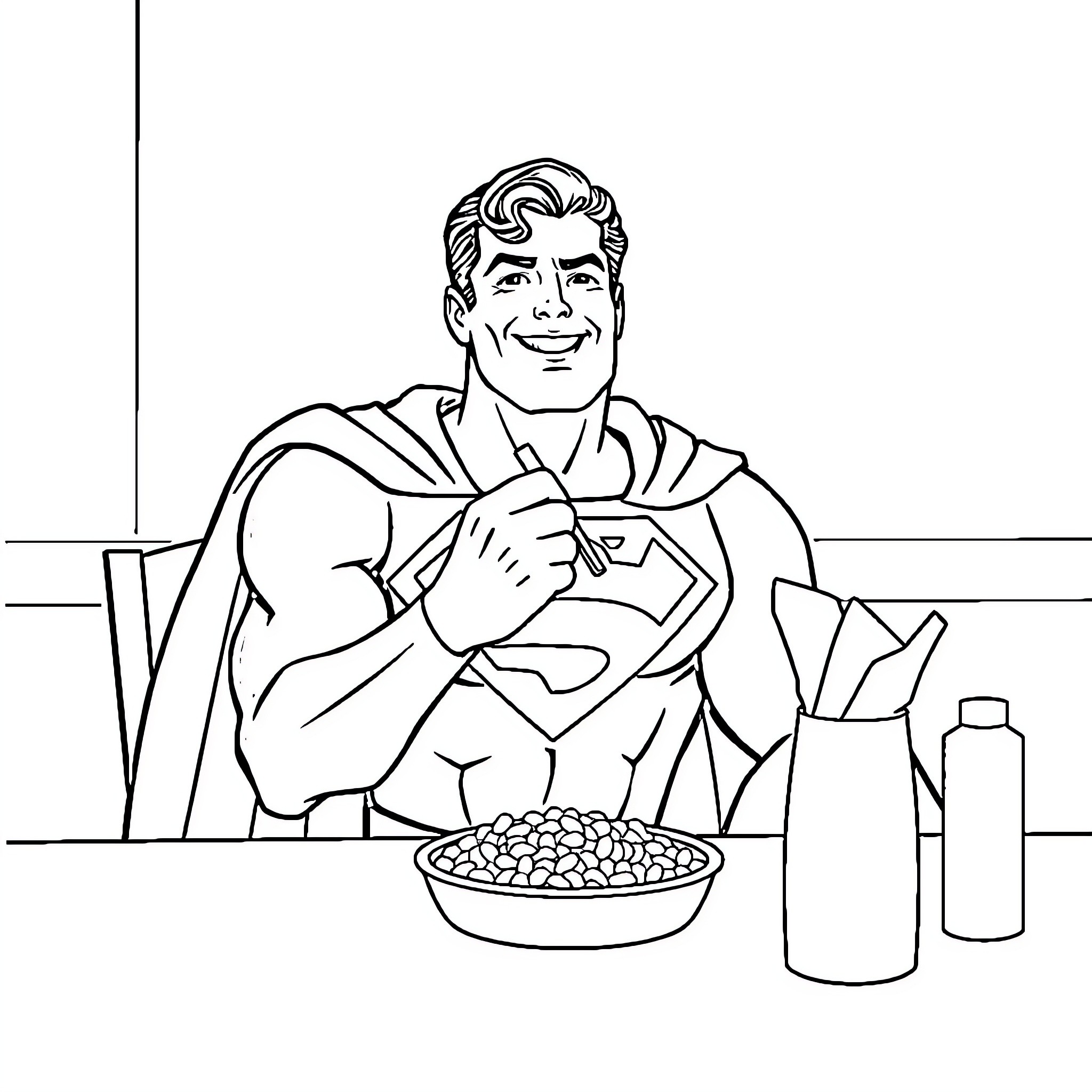 Superman enjoying a hearty meal Coloring Page (free black-and-white line drawing printable PDF for all, from beginners to advanced learners, including children, teens, adults, and seniors)
