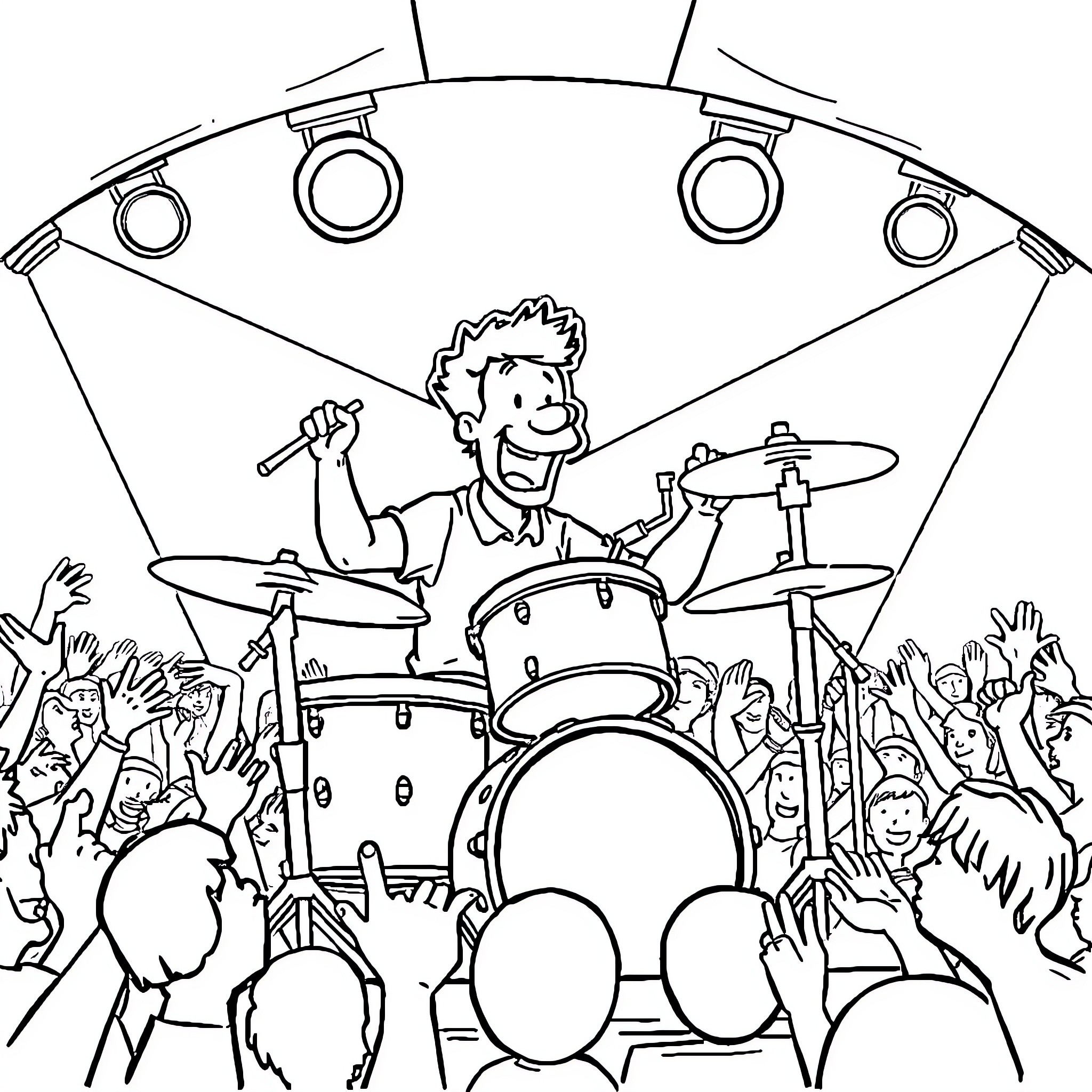 Michael Scott playing drums on stage before crowd Coloring Page (free black-and-white line drawing printable PDF for all, from beginners to advanced learners, including children, teens, adults, and seniors)
