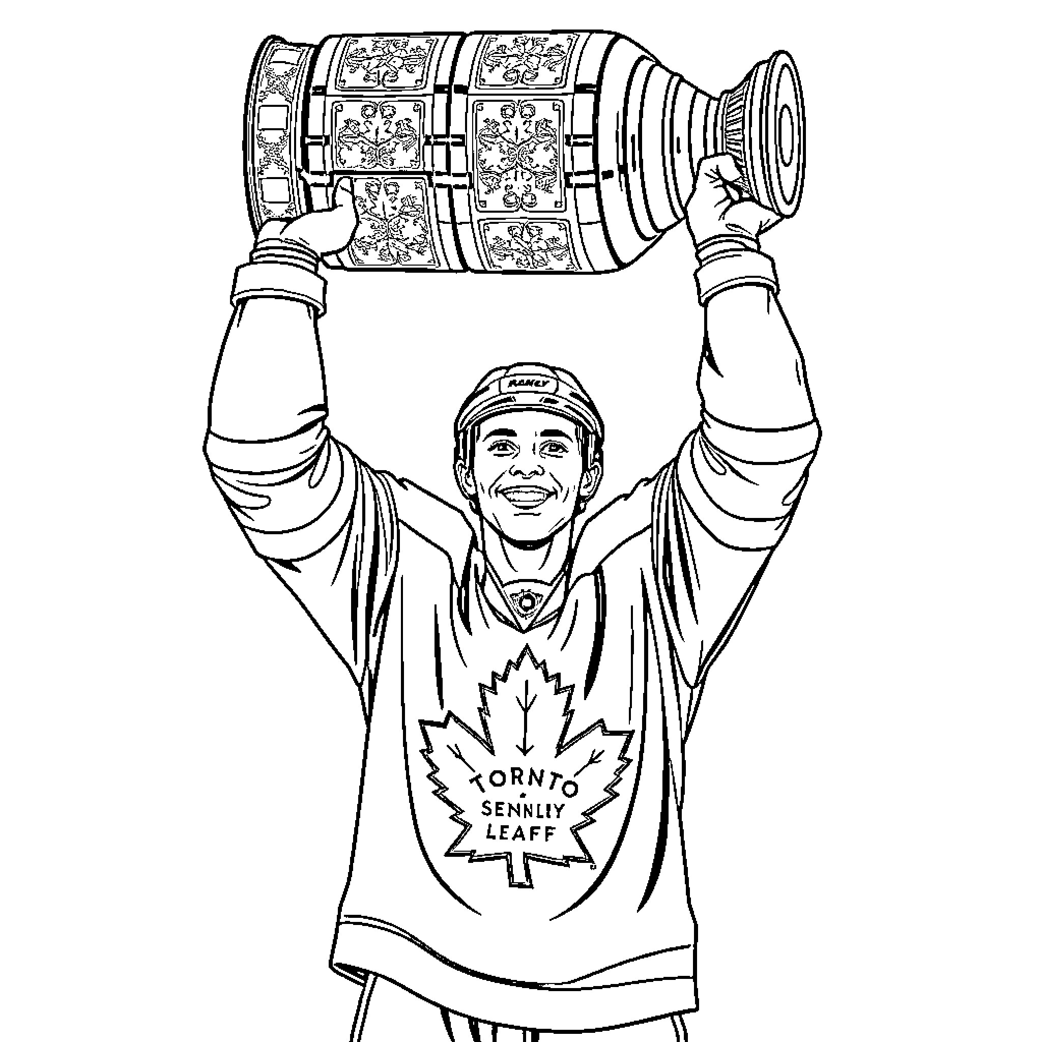 Maple Leaf Player Lifts Trophy Triumphantly Coloring Page (free black-and-white line drawing printable PDF for all, from beginners to advanced learners, including children, teens, adults, and seniors)