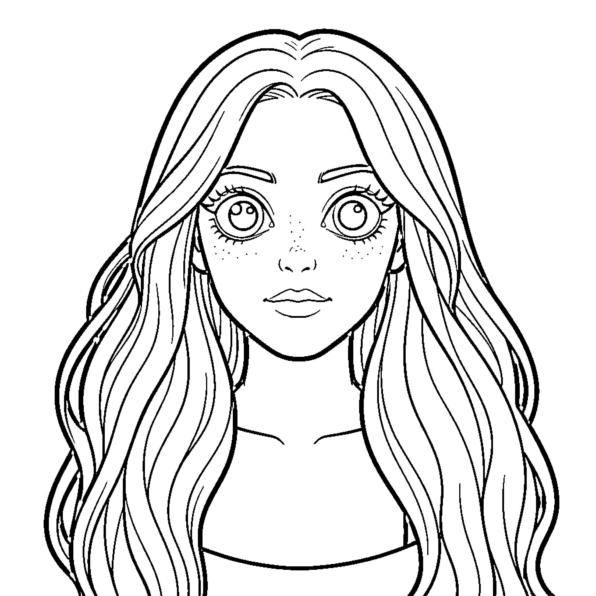 Woman with long wavy hair and freckles Coloring Page (free black-and-white line drawing printable PDF for all, from beginners to advanced learners, including children, teens, adults, and seniors)
