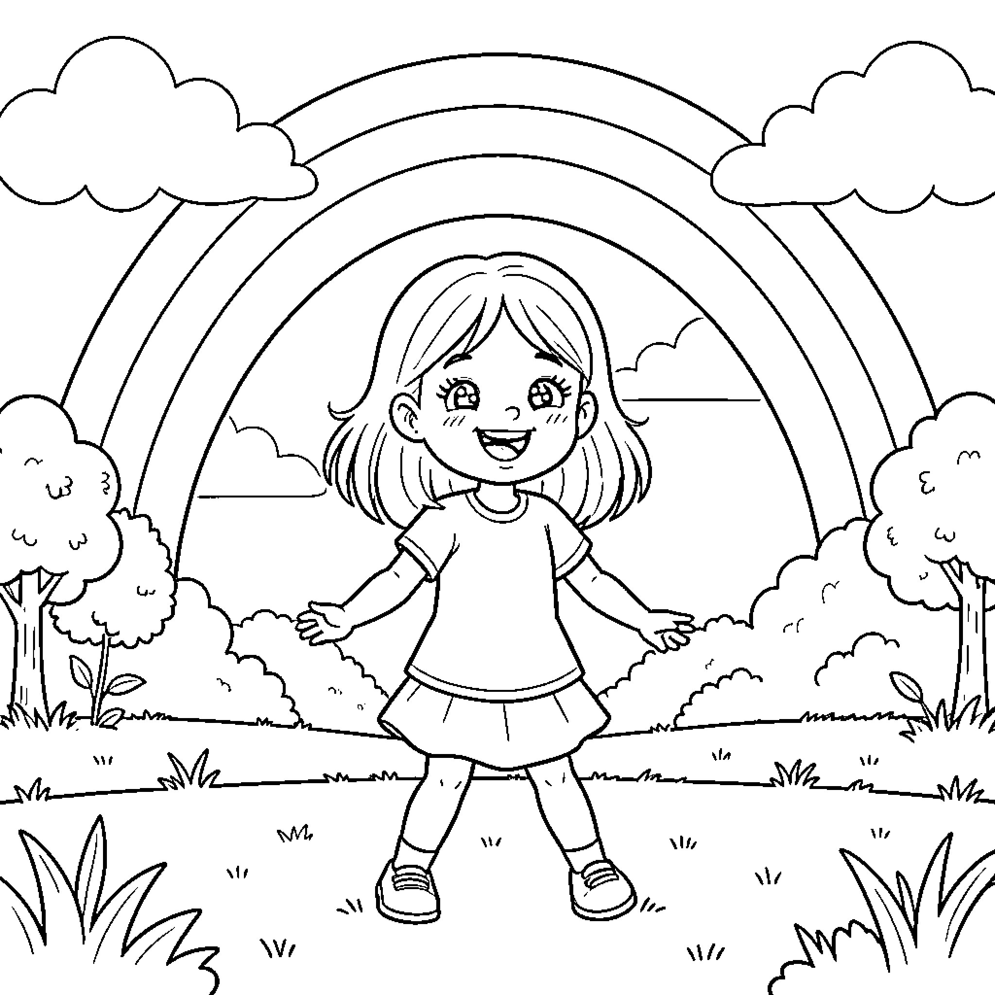 Girl enjoying nature under the rainbow Coloring Page (free black-and-white line drawing printable PDF for all, from beginners to advanced learners, including children, teens, adults, and seniors)