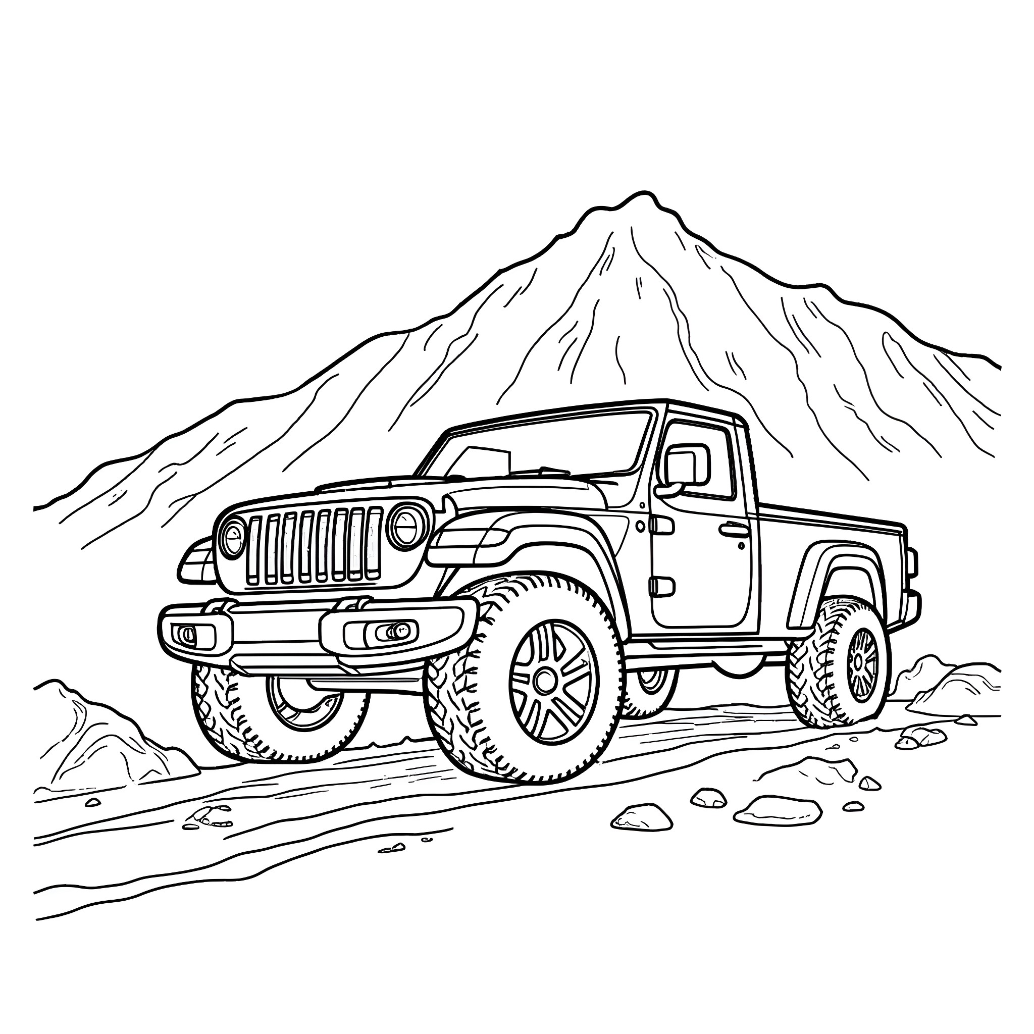 Wrecker Truck Navigating Rugged Terrain Coloring Page (free black-and-white line drawing printable PDF for all, from beginners to advanced learners, including children, teens, adults, and seniors)