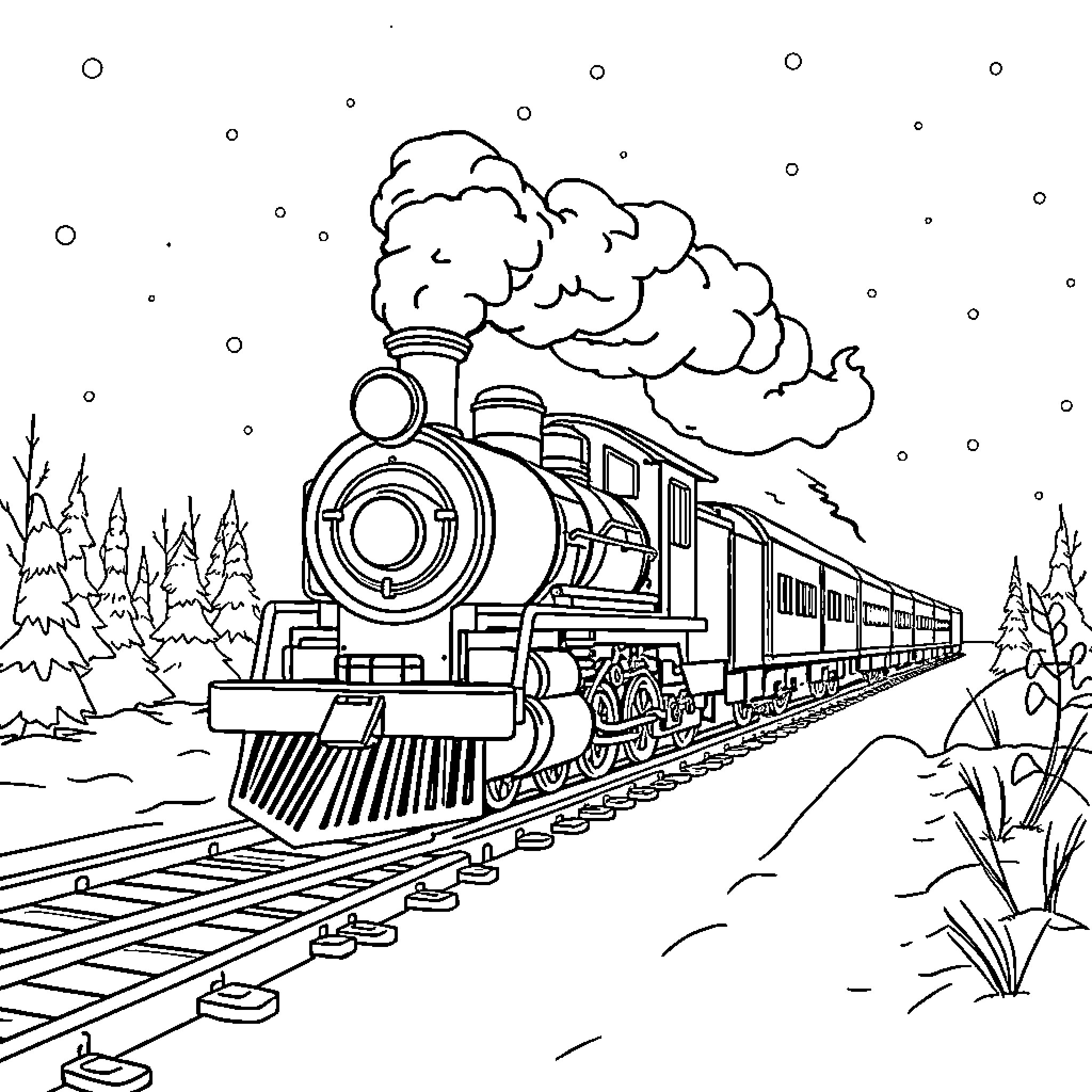 Train Traveling Through Snowy Winter Landscape Coloring Page (free black-and-white line drawing printable PDF for all, from beginners to advanced learners, including children, teens, adults, and seniors)