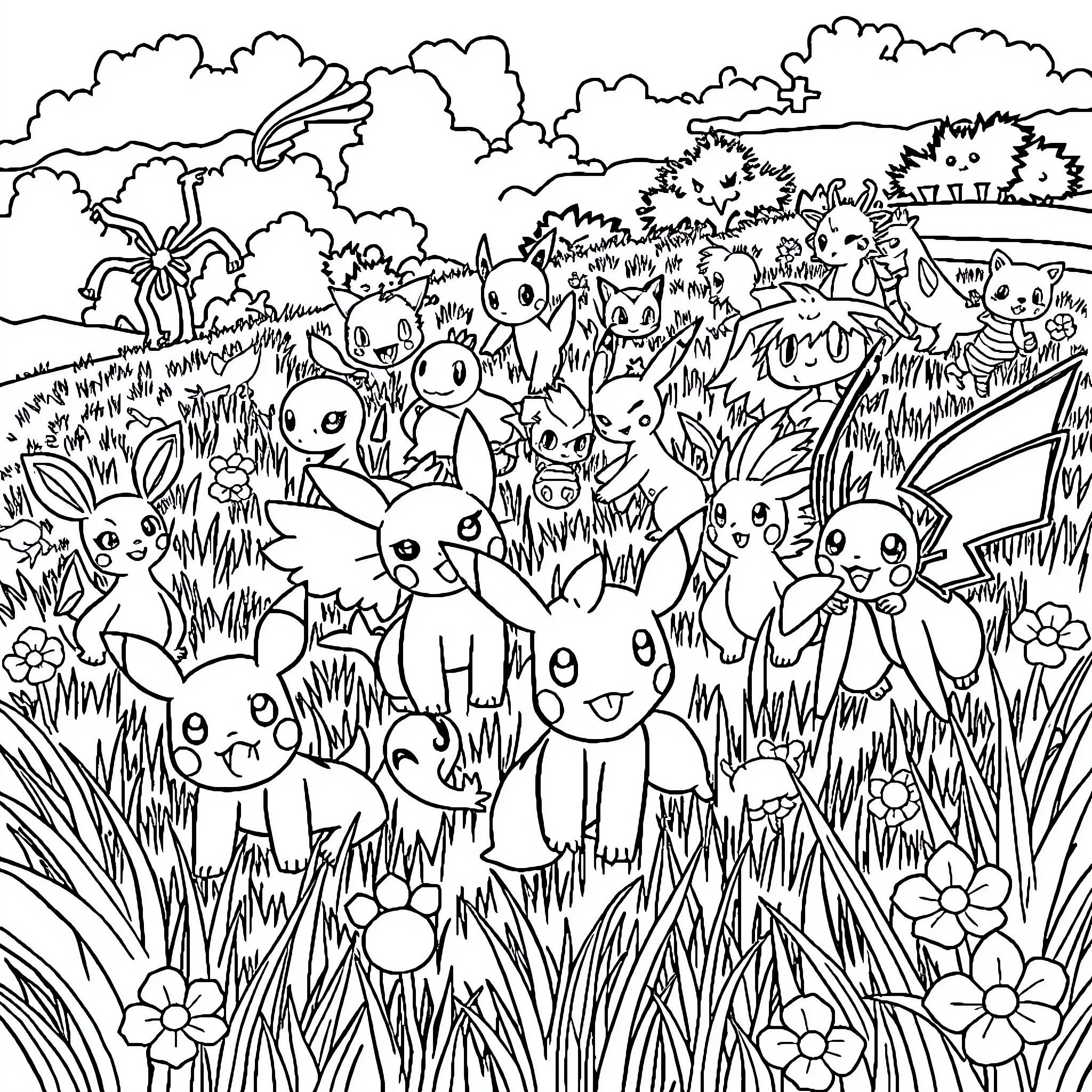 Pokémon Gathering in Lush Wilderness Coloring Page (free black-and-white line drawing printable PDF for all, from beginners to advanced learners, including children, teens, adults, and seniors)