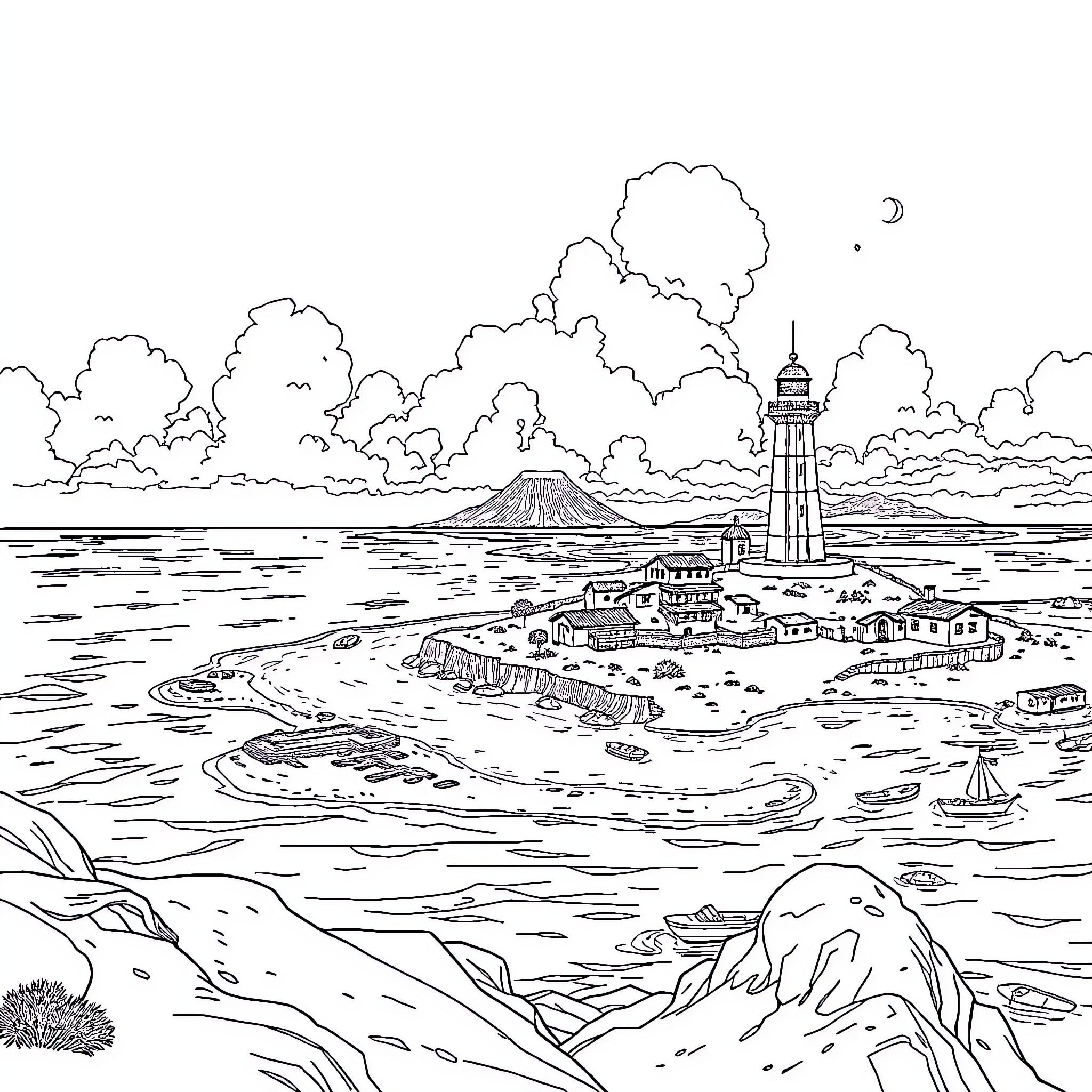 Halo Lighthouse by the Serene Seaside Coloring Page (free black-and-white line drawing printable PDF for all, from beginners to advanced learners, including children, teens, adults, and seniors)