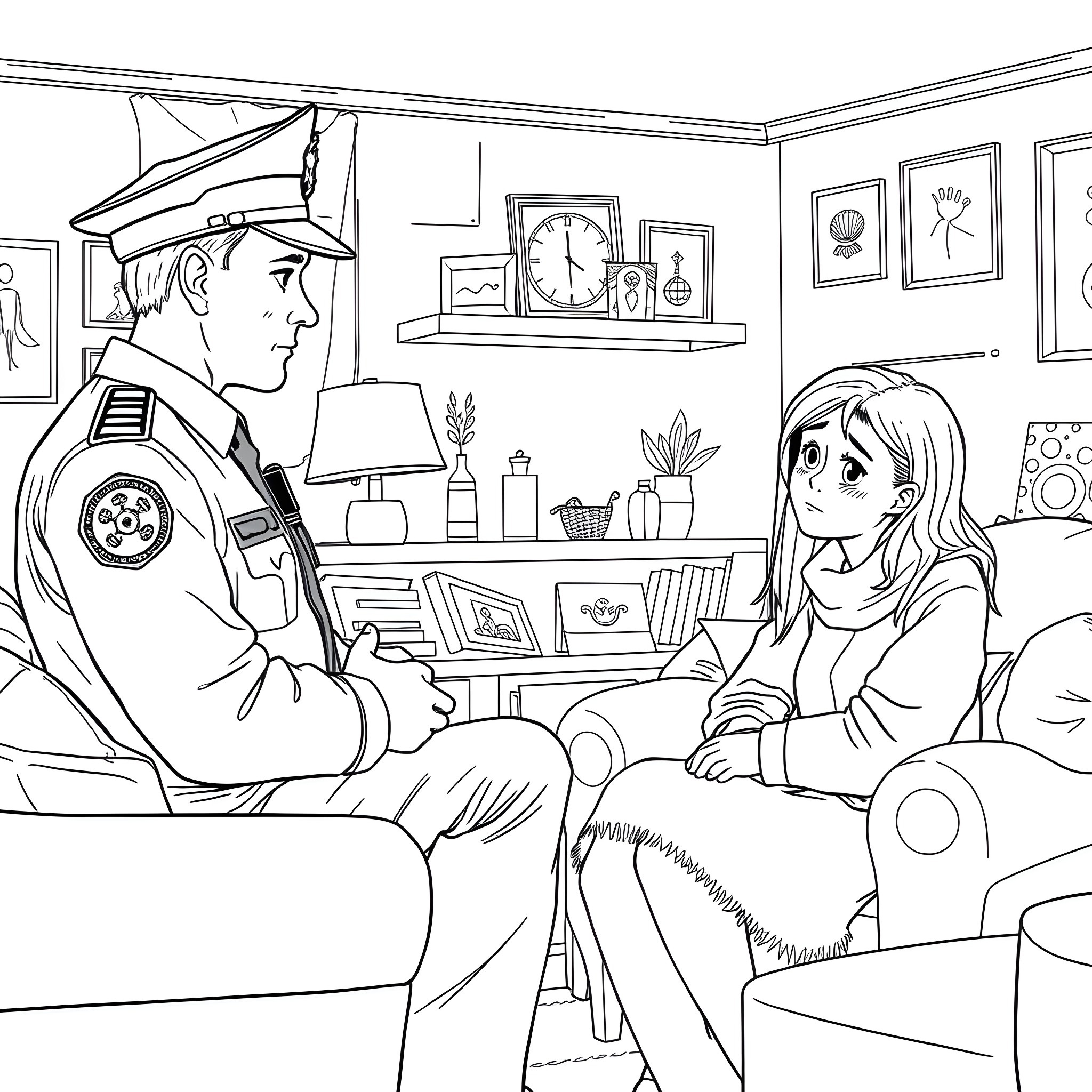 Police Officer Interacting with Civilian in Home Setting Coloring Page (free black-and-white line drawing printable PDF for all, from beginners to advanced learners, including children, teens, adults, and seniors)
