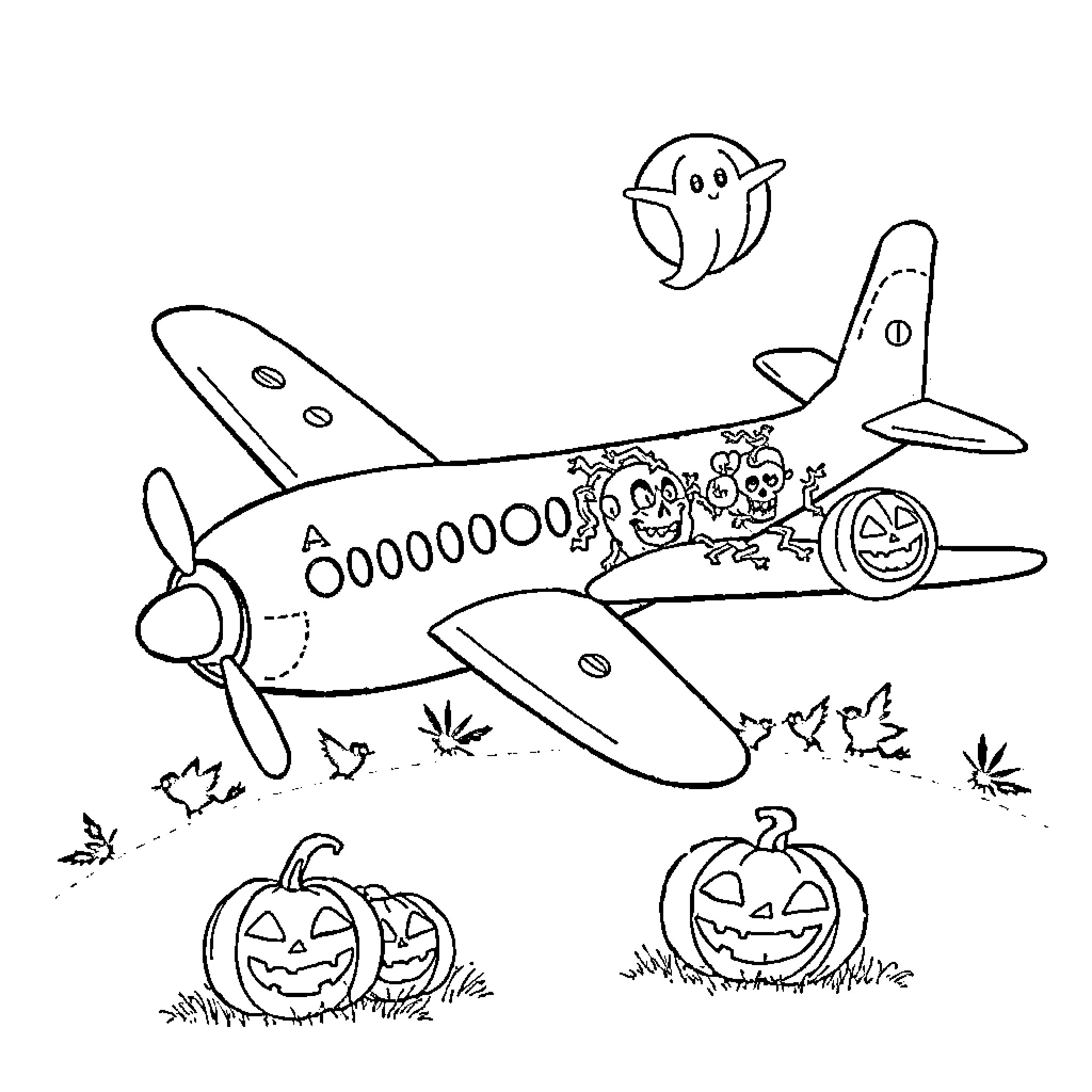 Airplane with Halloween decorations and characters Coloring Page (free black-and-white line drawing printable PDF for all, from beginners to advanced learners, including children, teens, adults, and seniors)