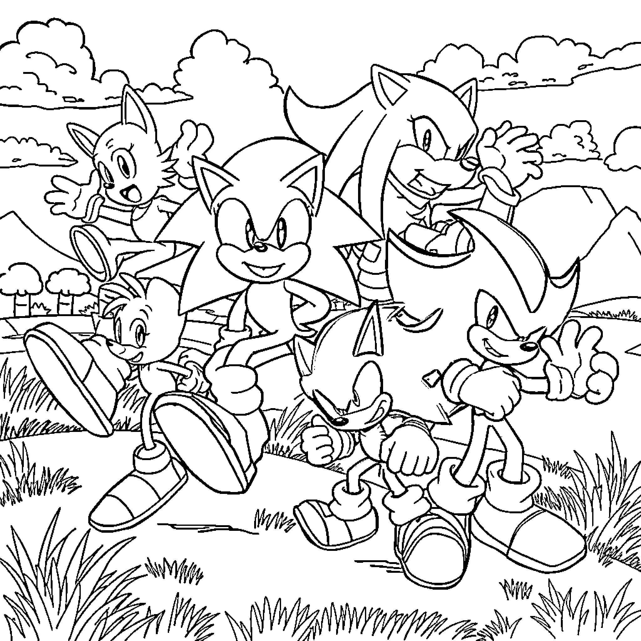 Sonic and Friends in a Lively Outdoor Scene Coloring Page (free black-and-white line drawing printable PDF for all, from beginners to advanced learners, including children, teens, adults, and seniors)